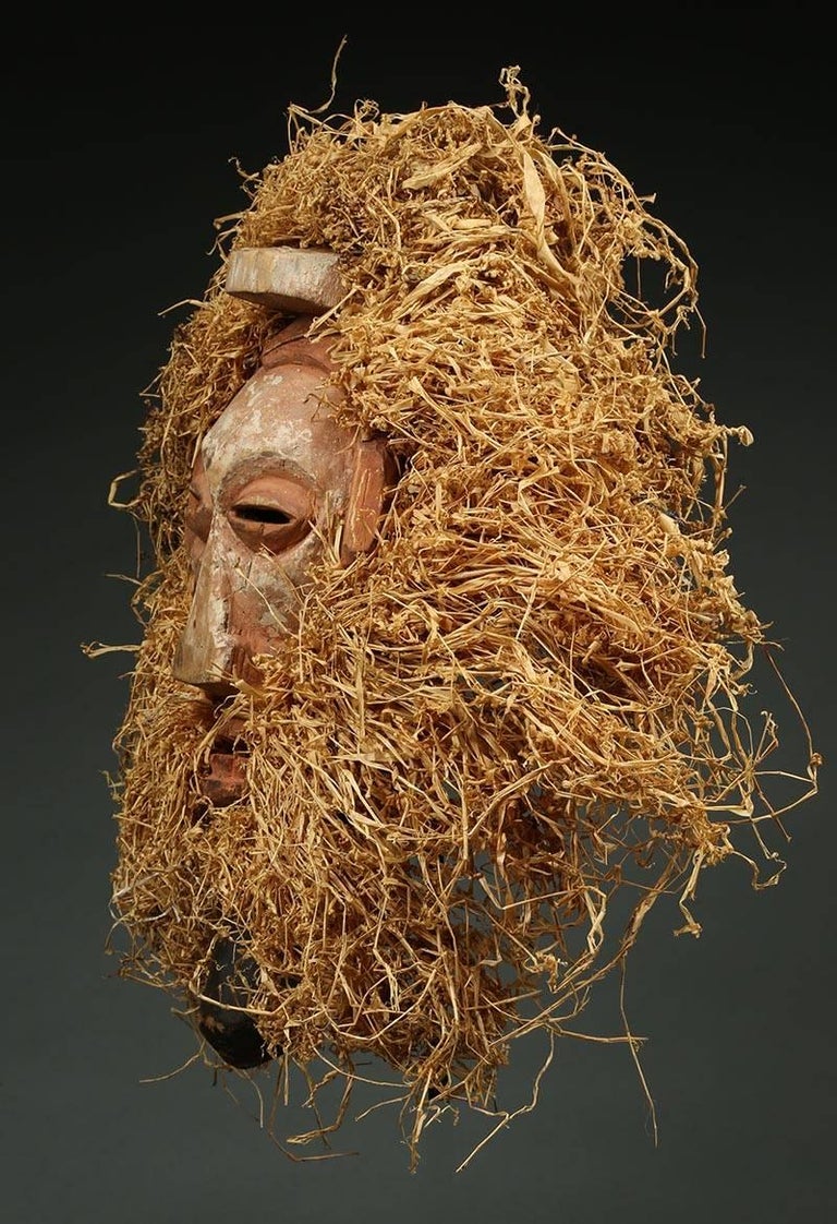 Wood Yaka Tribal Initiation Mask with Raffia, Congo 'DRC', mid 20th Century, Africa For Sale