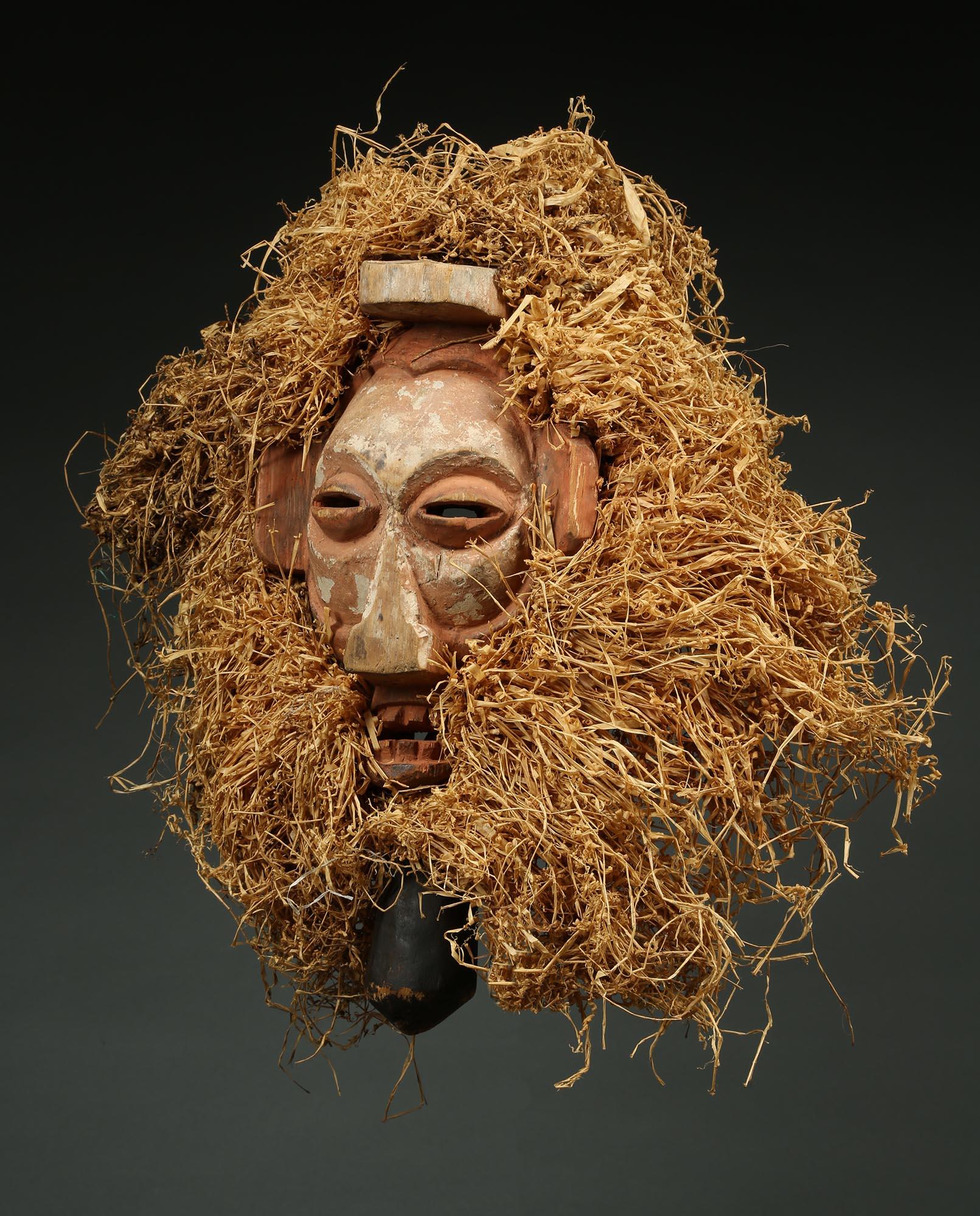 Hand-Carved Yaka Tribal Initiation Mask with Raffia, Congo 'DRC', Early 20th Century, Africa For Sale