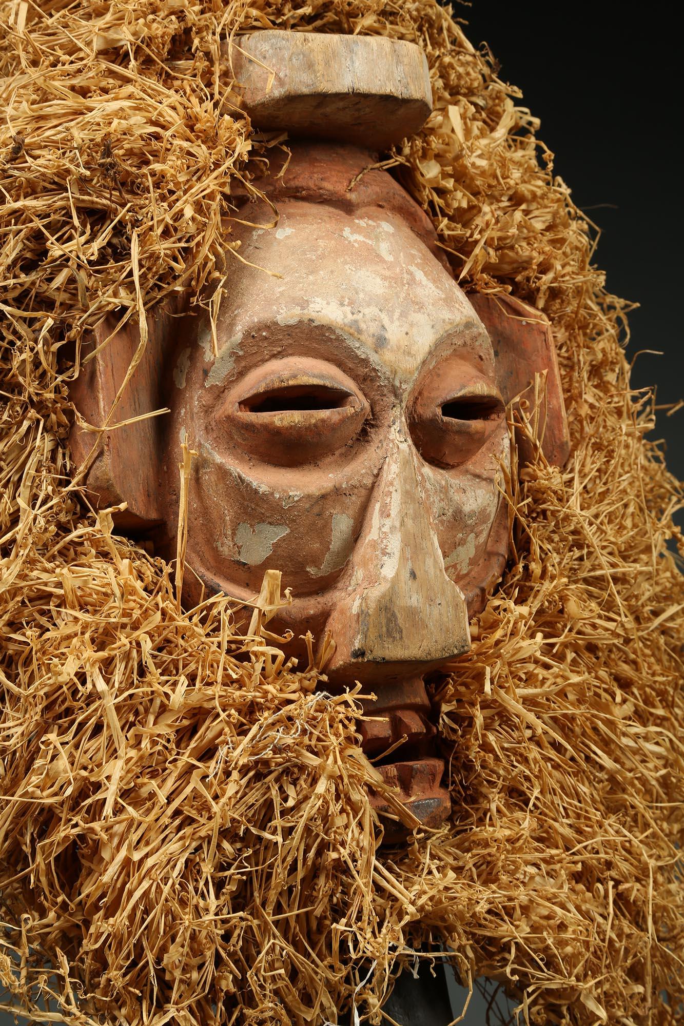 Wood Yaka Tribal Initiation Mask with Raffia, Congo 'DRC', Early 20th Century, Africa For Sale