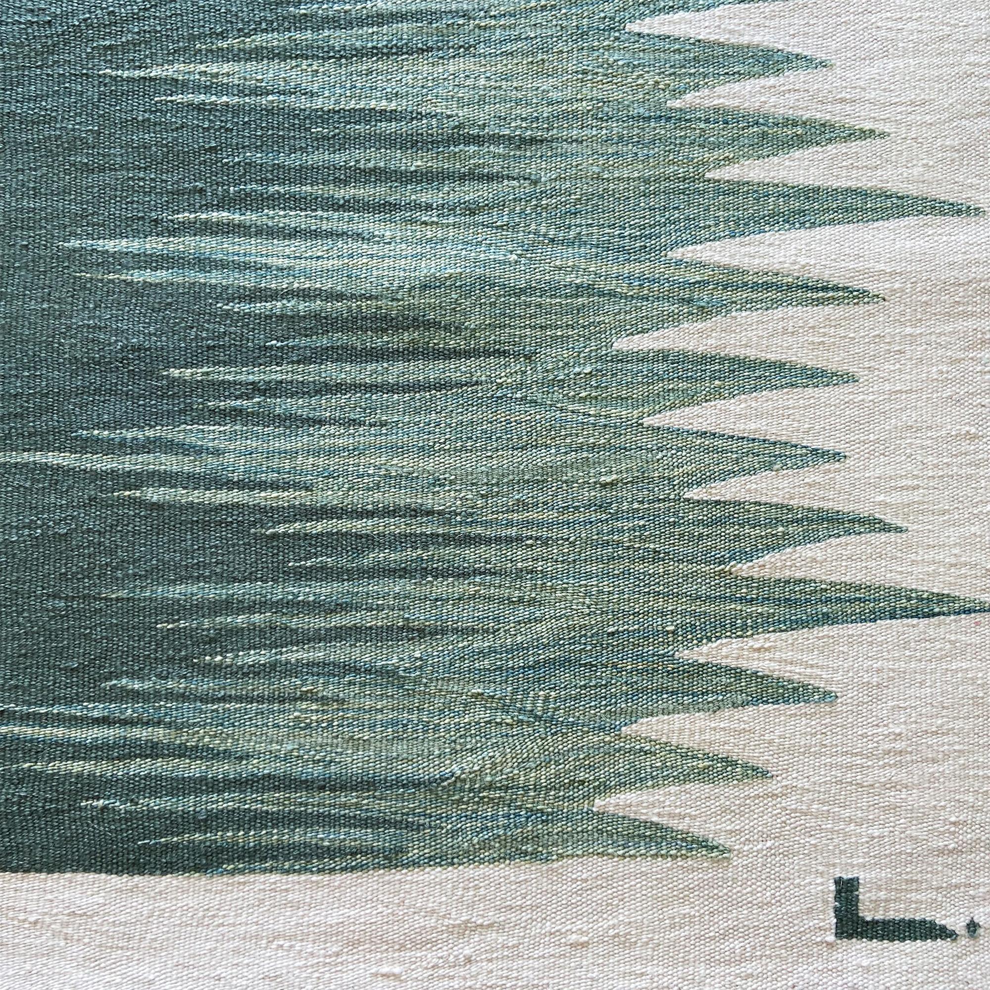 Turc Tapis Kilim moderne contemporain Yakamoz No 4, en laine tissée à la main, vert et blanc dune en vente