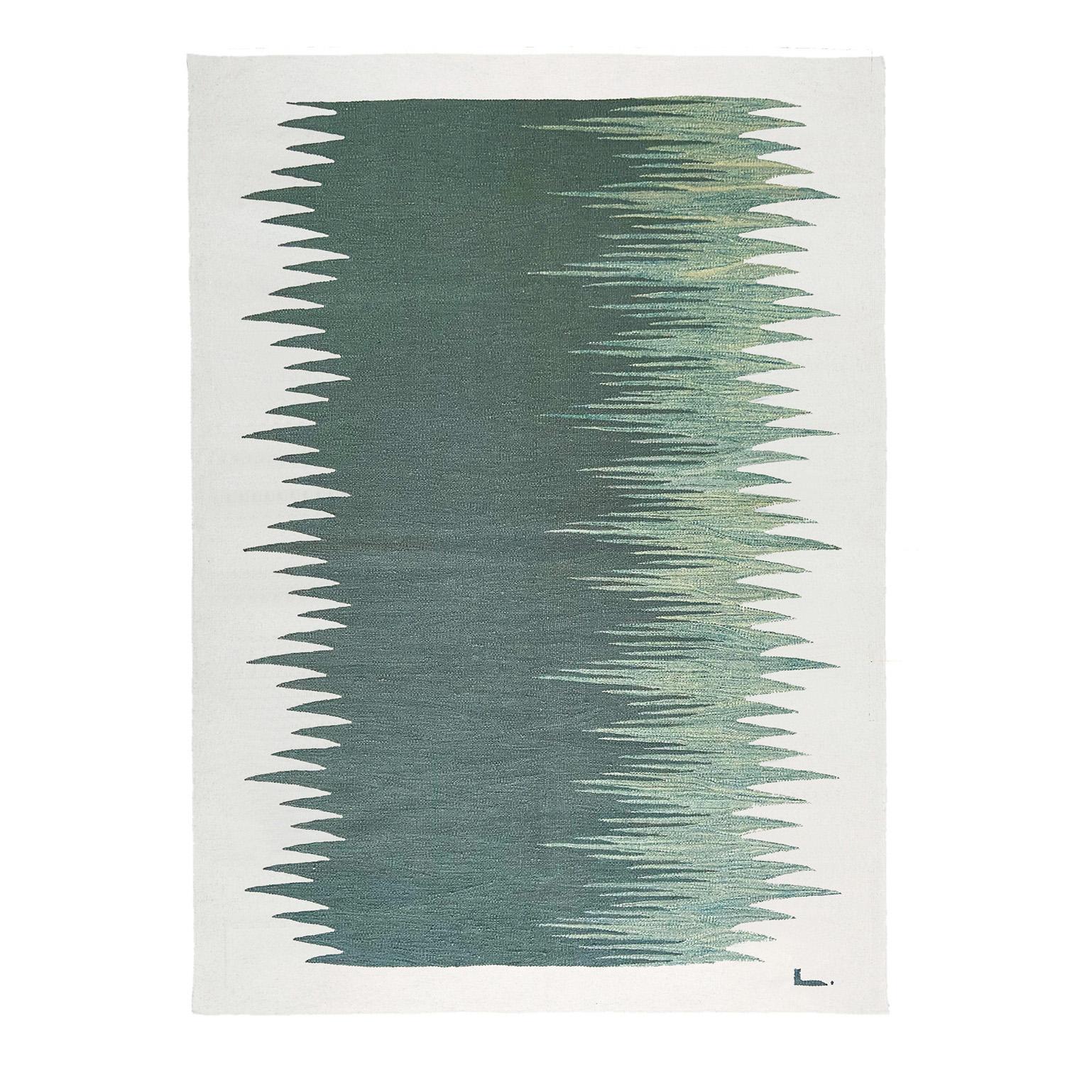 Yakamoz No 4 Contemporary Modern Kilim Rug, Wool Handwoven Green and Dune White