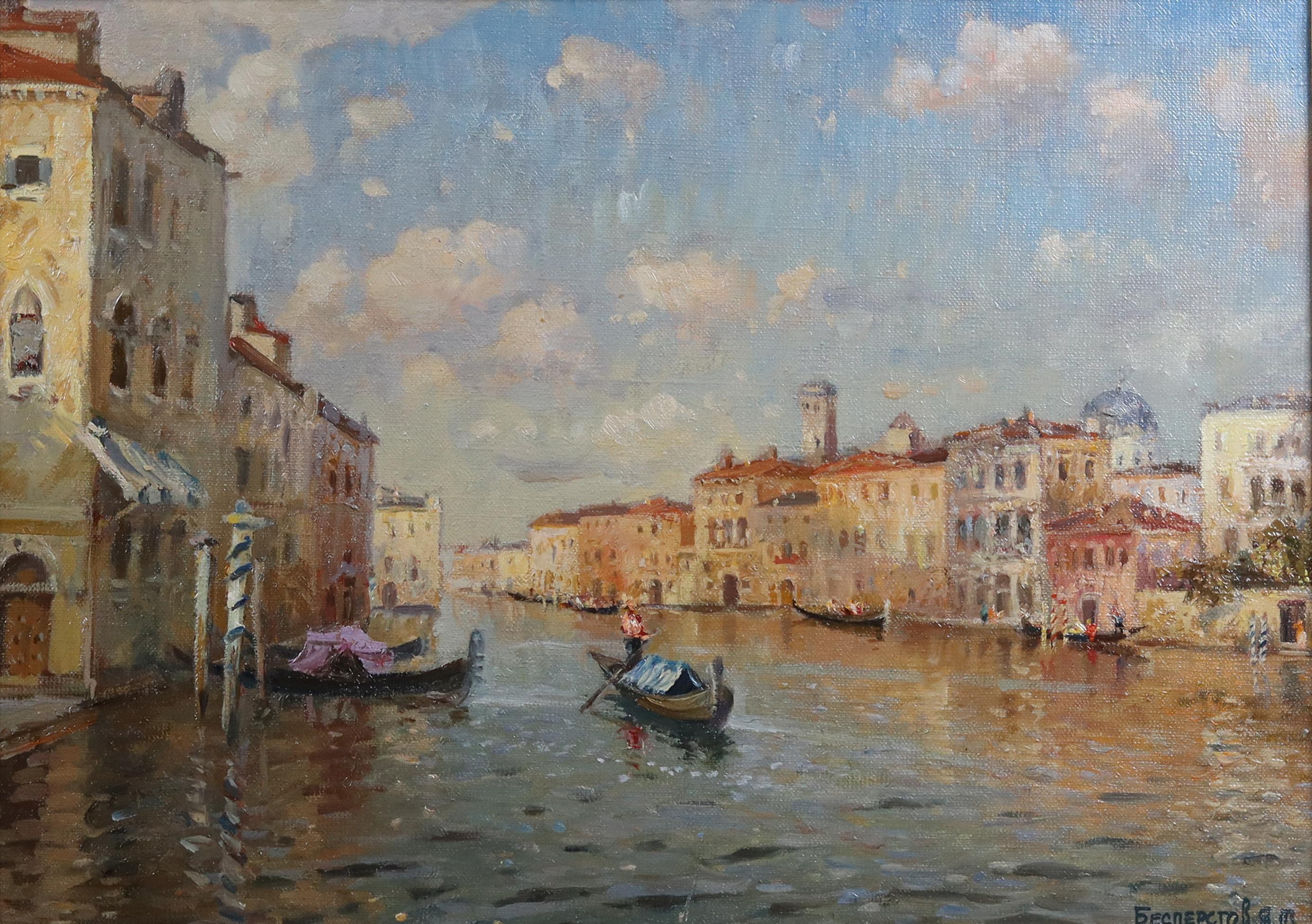  Une scène de canal vénitien - Impressionnisme Painting par Yakov Besperstov