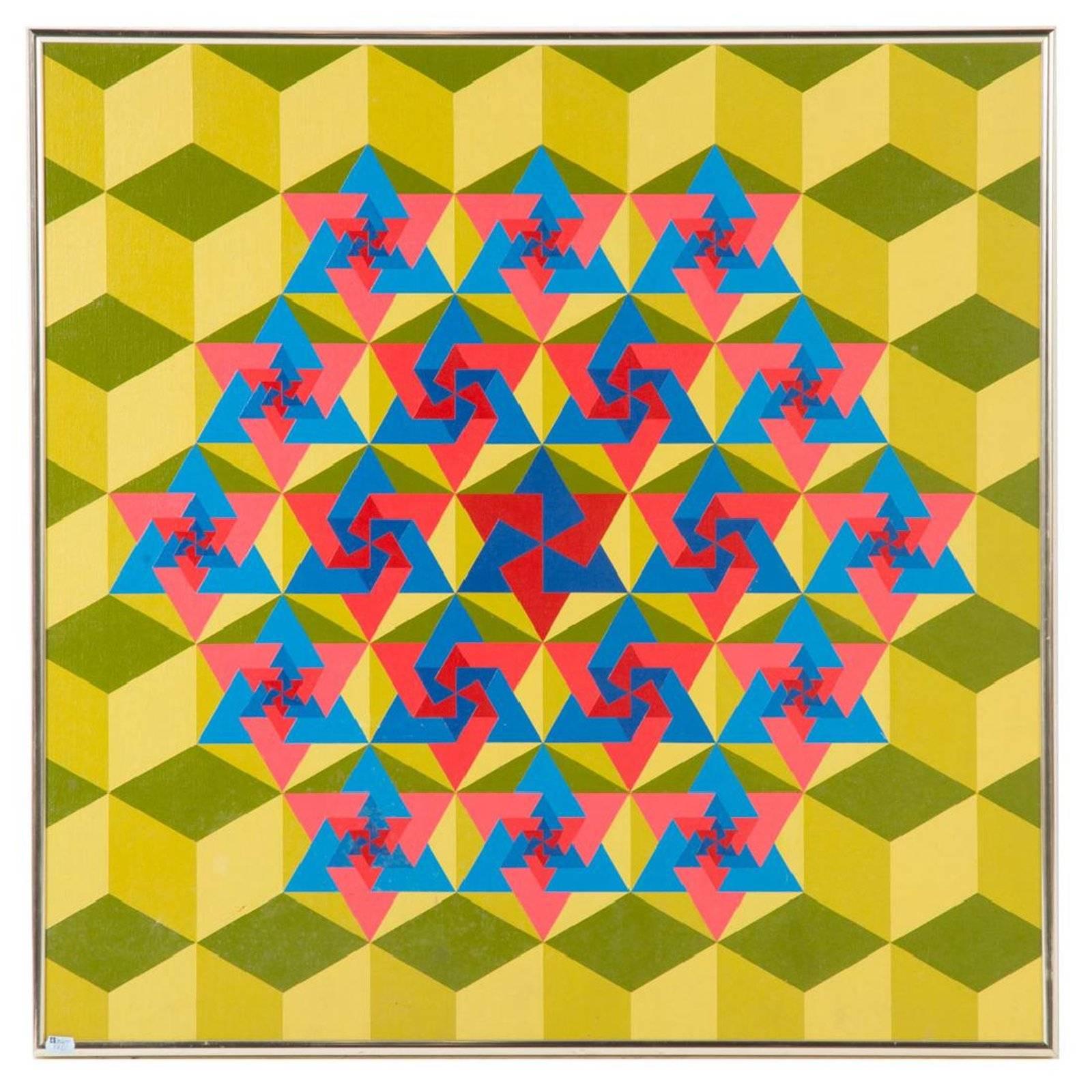 Abstract Painting Yakov Kaszemacher - Peinture Kabbala israélienne OP Art des années 1970 "Jerusalem, 5732" (Étoile de David) judaïque