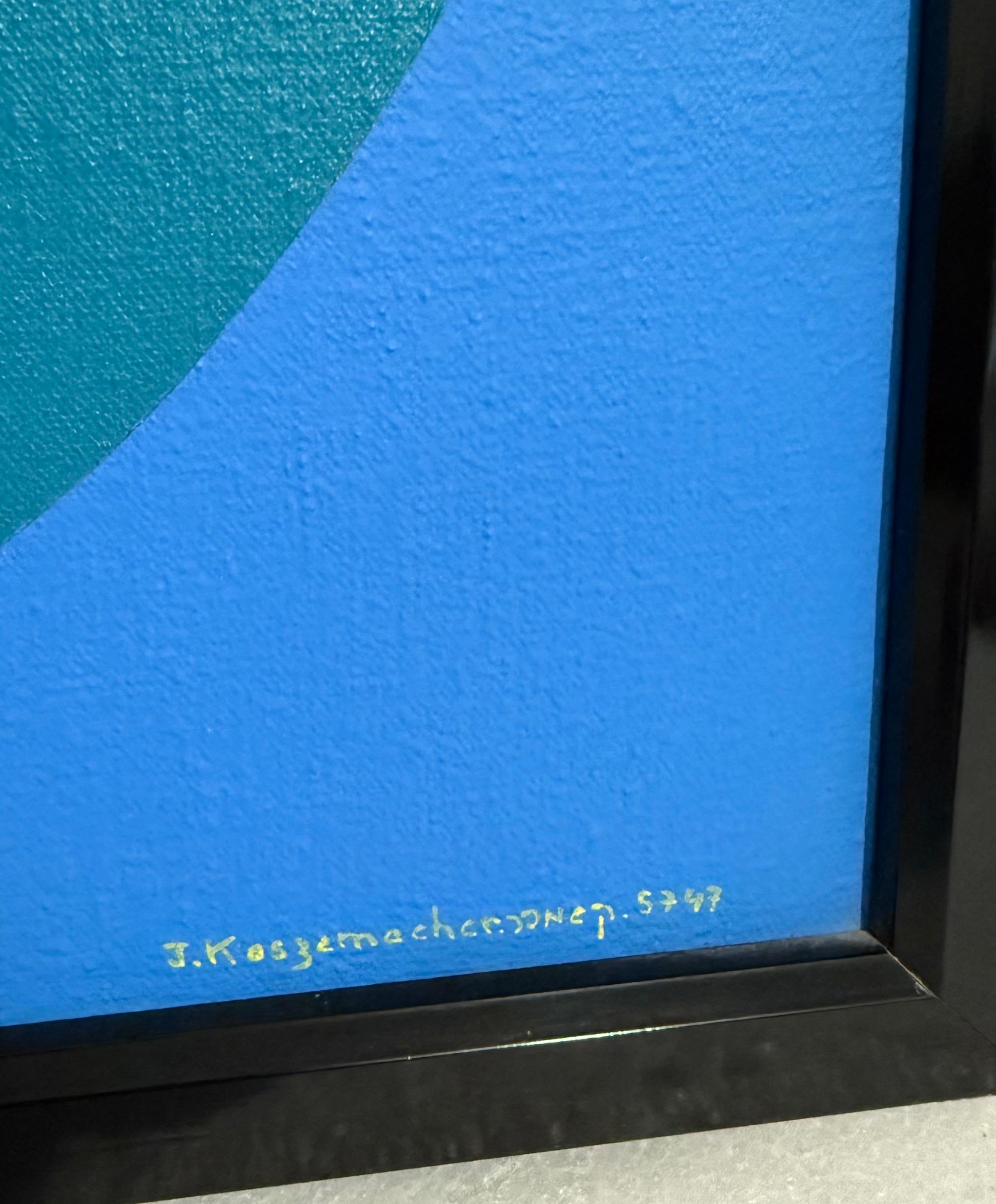 Op Art israélien Kabbala Mandala Peinture à l'huile abstraite Judaica Jacob Kaszemacher - Bleu Abstract Painting par Yakov Kaszemacher