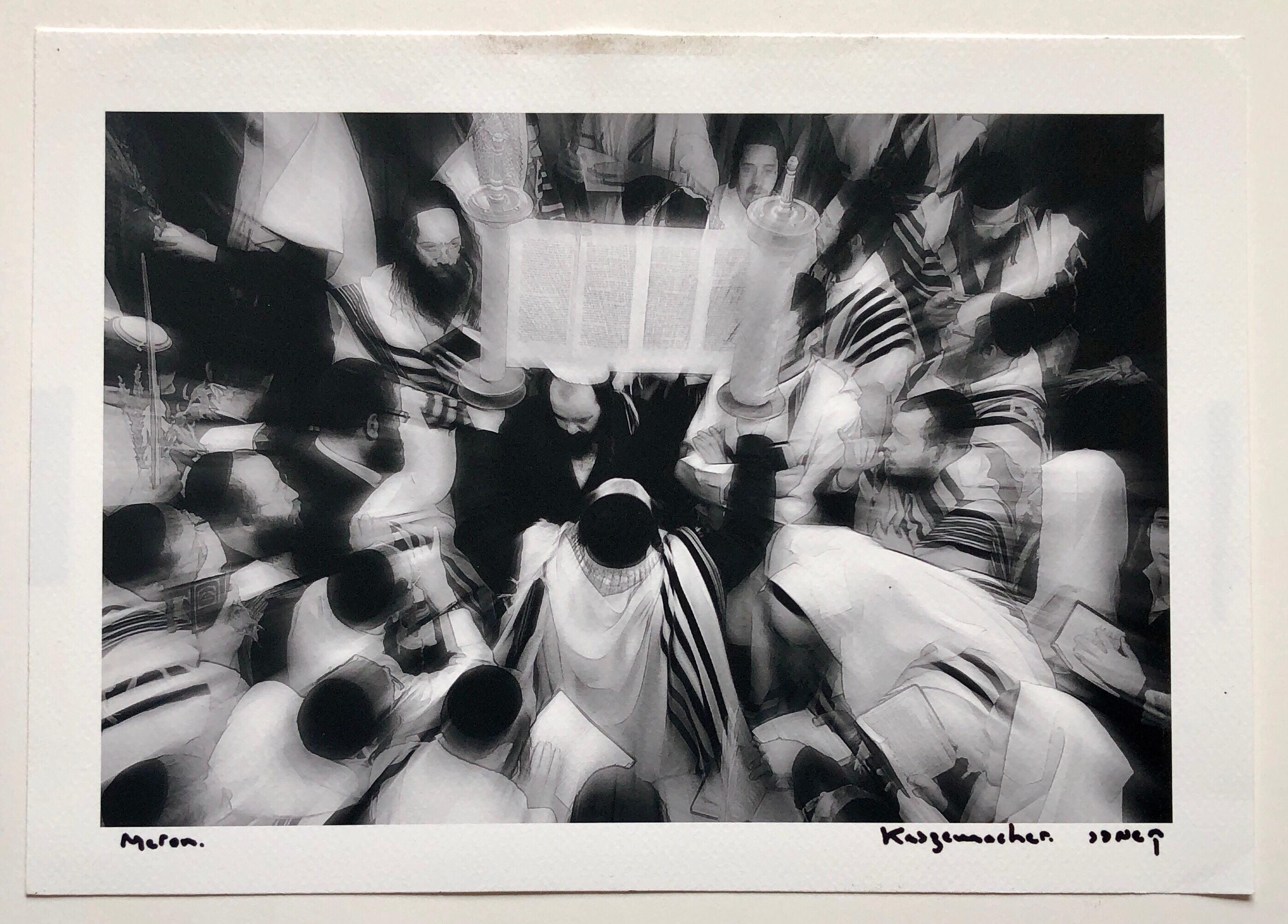 This one is signed and has the name of the city Meron hand written on it. It is printed on a wove matte paper.
Ya'acov Kaszemacher, well-known artist and photographer whose unique images of Hasidic festivities are fascinating to view, and offer one