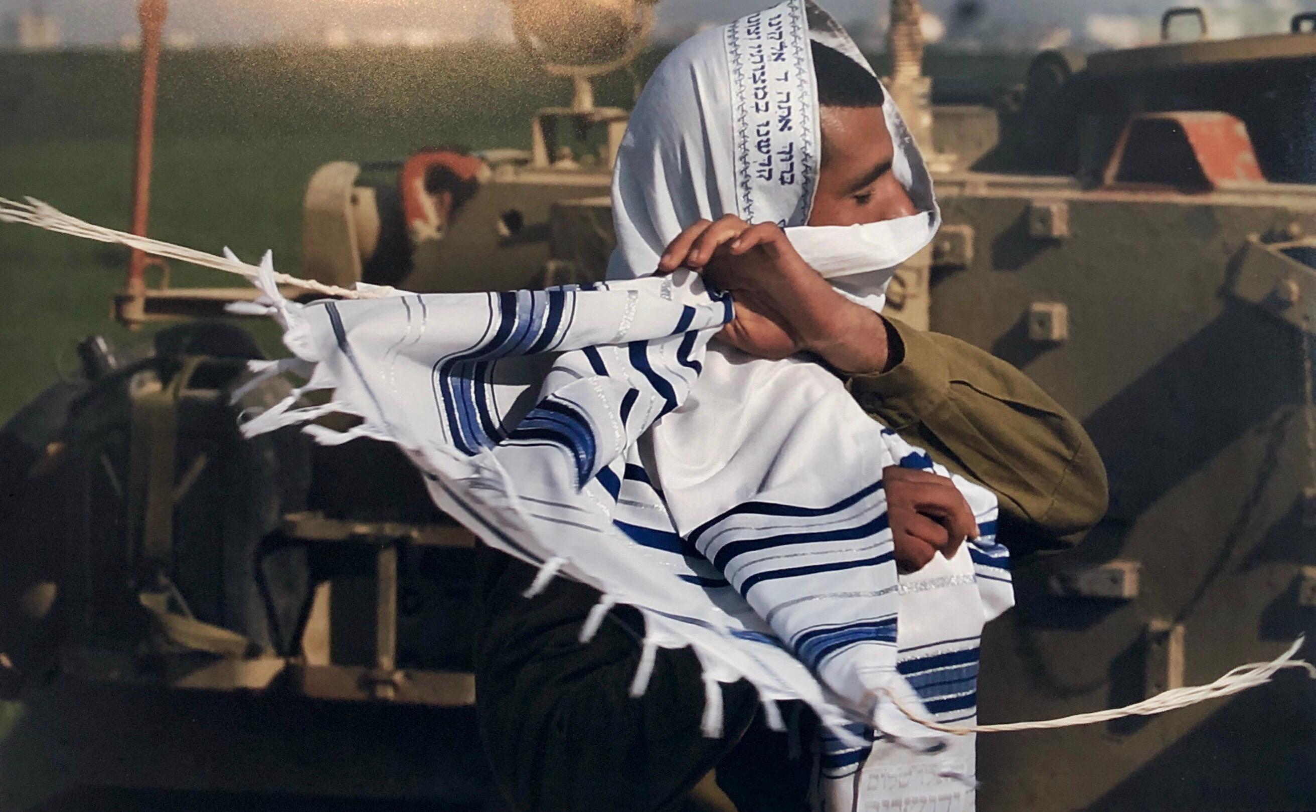 Yakov Kaszemacher Figurative Photograph - Israeli Soldier Praying Tallit Photogram Op Art Kabbala Photograph Judaica Photo