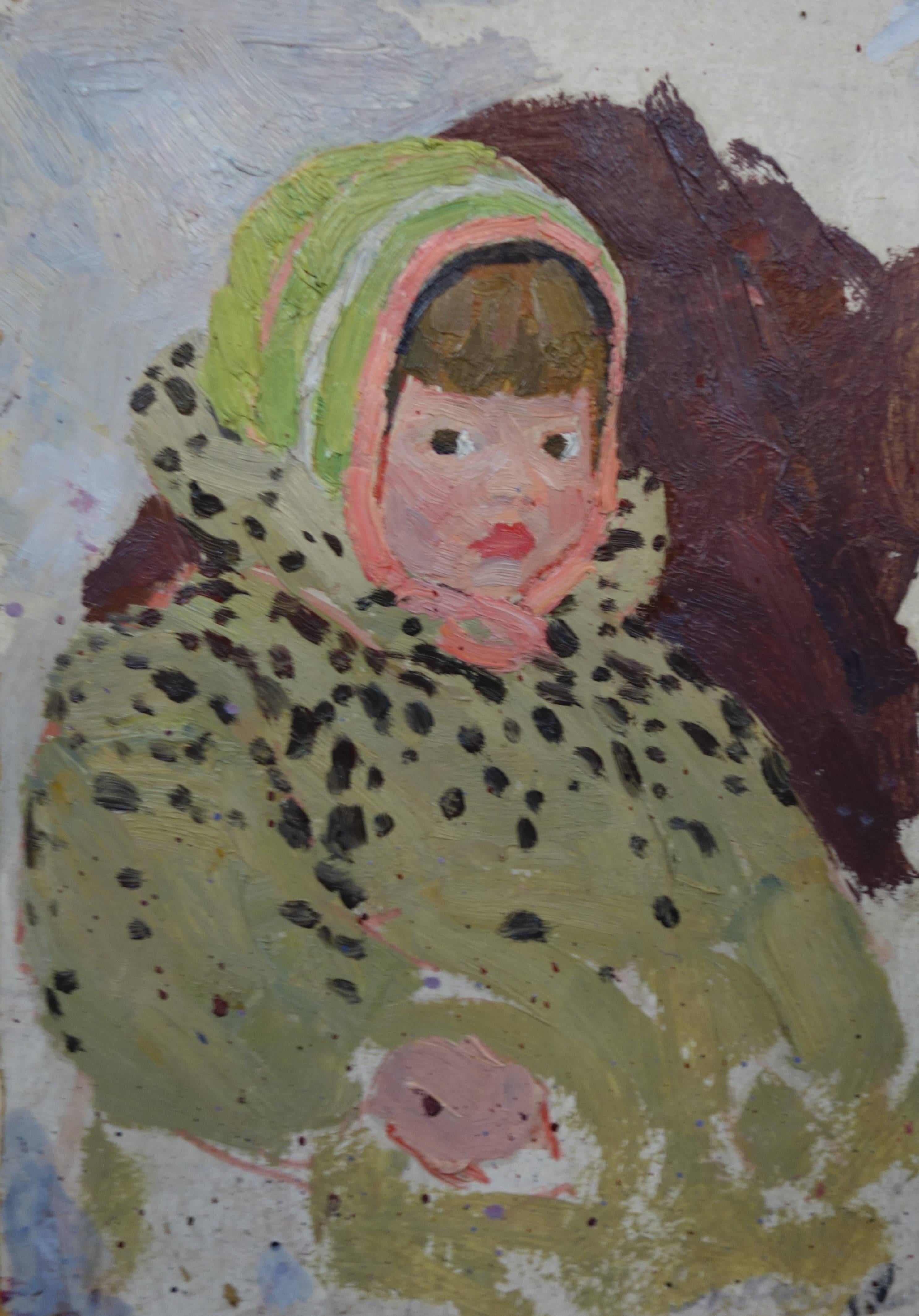 Yakov Kozlov Figurative Painting - "Little girl"  Oil cm. 20 x 28 , Child, Winter, Russian, Impressionism
