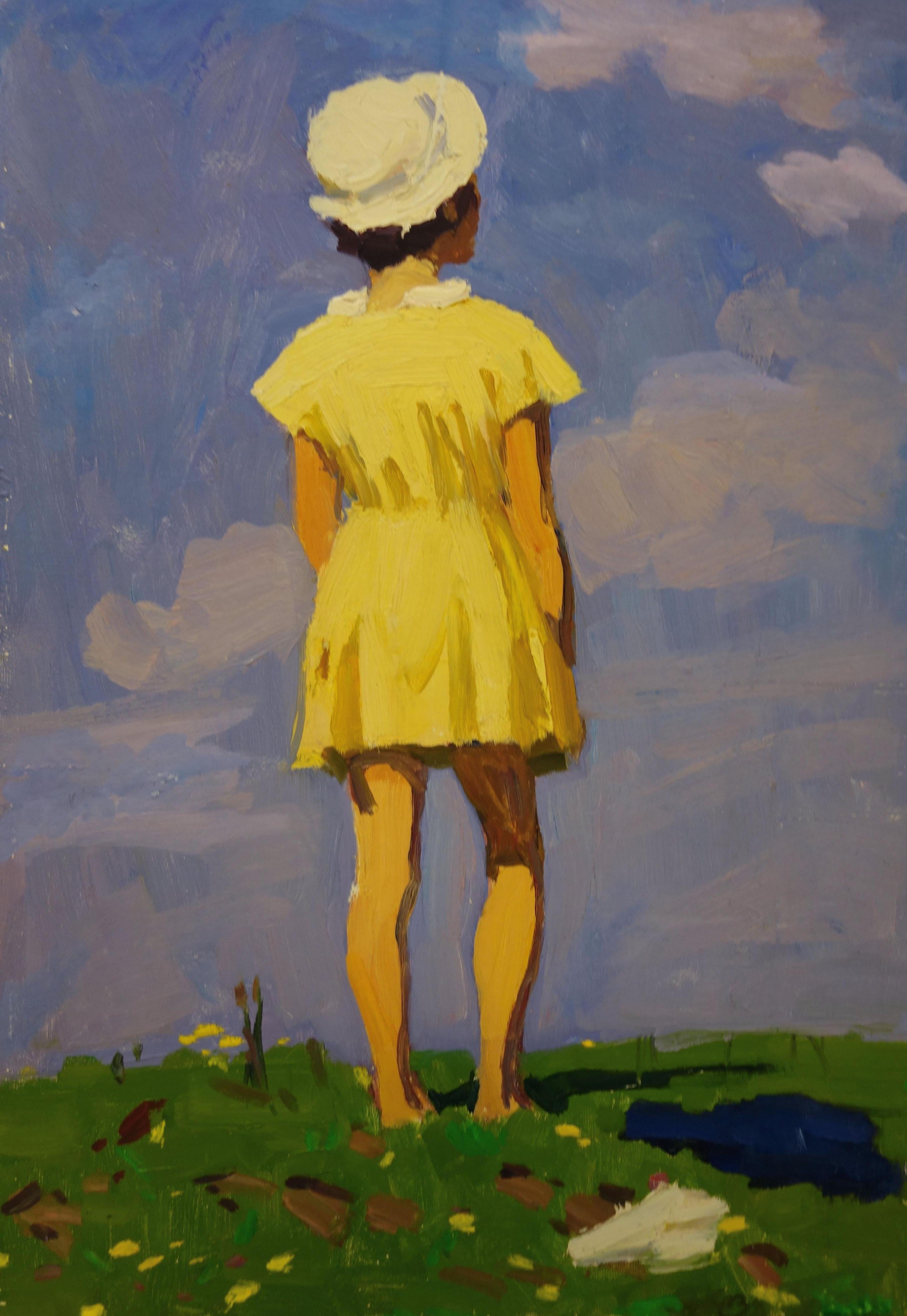 Yakov Kozlov Figurative Painting - "Little girl with yellow dress"  oil cm. 32 x 50  1968