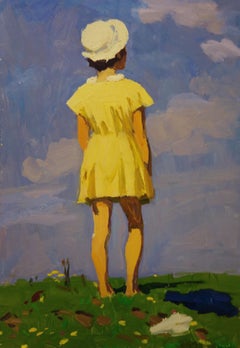 Vintage "Little girl with yellow dress"  oil cm. 32 x 50  1968