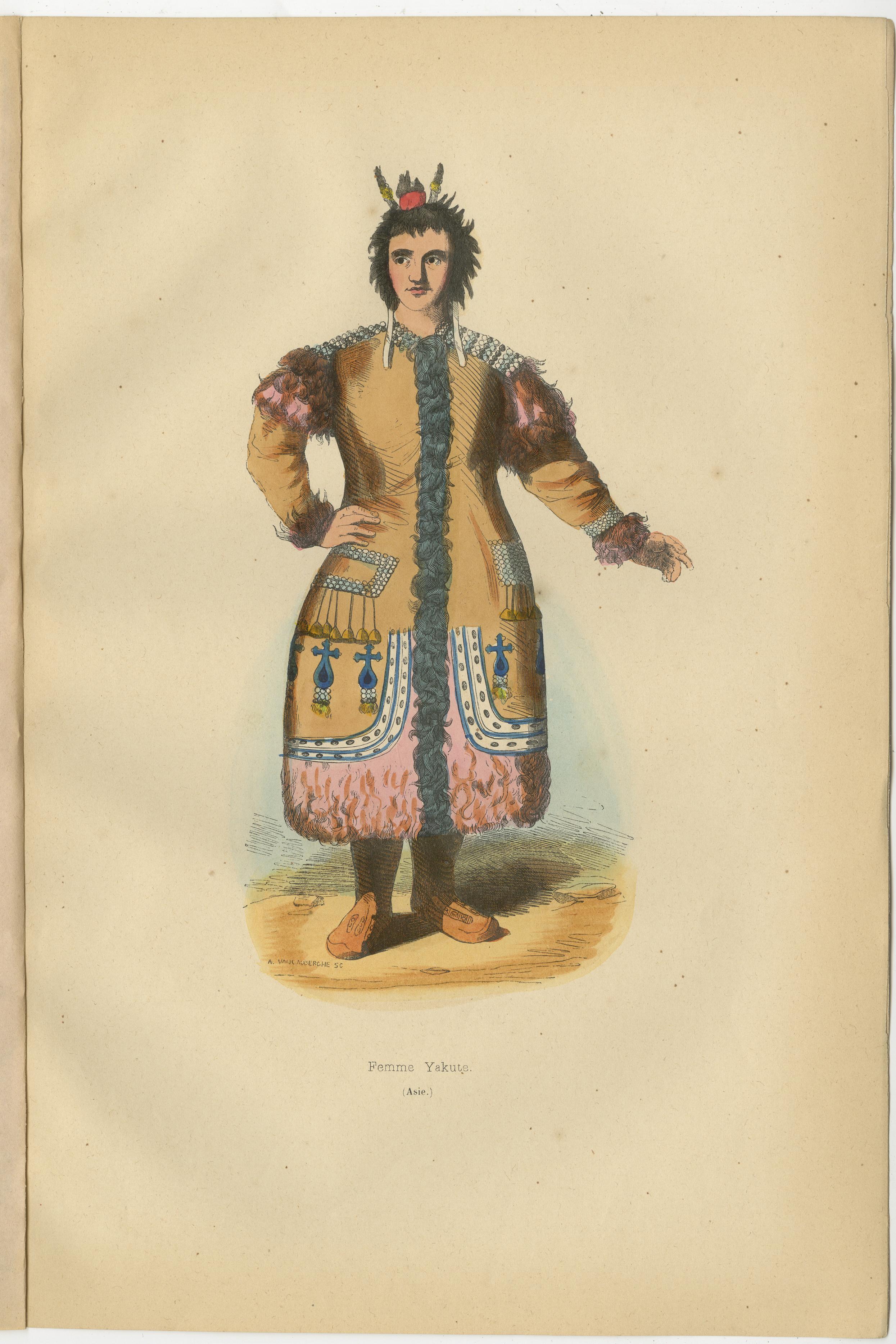 Yakutische Menschen in traditioneller Kleidung, 1844 Handkolorierte Lithographien im Zustand „Gut“ im Angebot in Langweer, NL