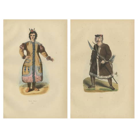 Yakut People in Traditional Attire, 1844 Handcolored Lithographs