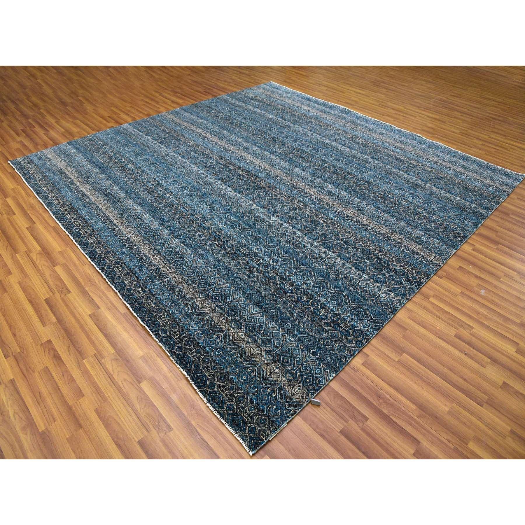 Moderne Tapis carré Kohinoor Herat bleu Yale noué à la main à motif géométrique 100 % laine en vente