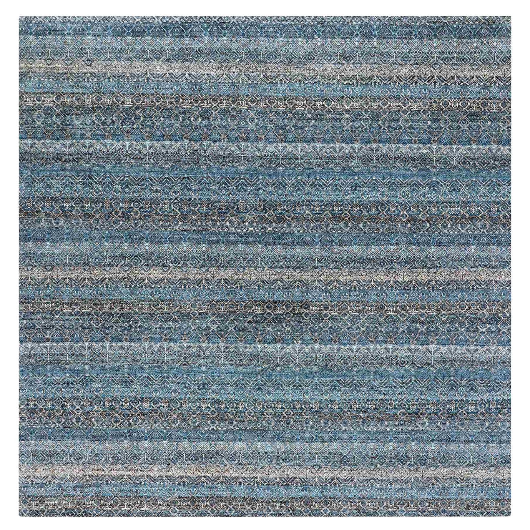 Yale Blue Hand Knotted Kohinoor Herat Geometric Design 100% Wool Square Rug
