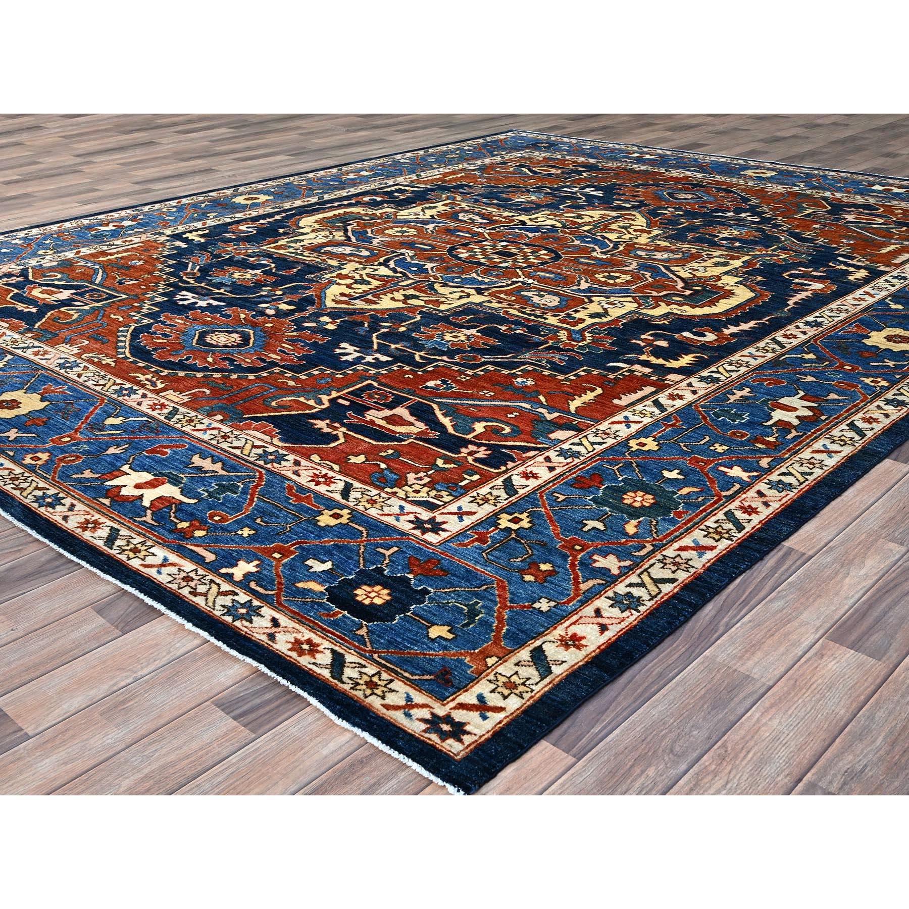 Heriz Serapi Yale Blue Hand Knotted Wool Afghan Peshawar Serapi Heriz Oriental Rug 9'2