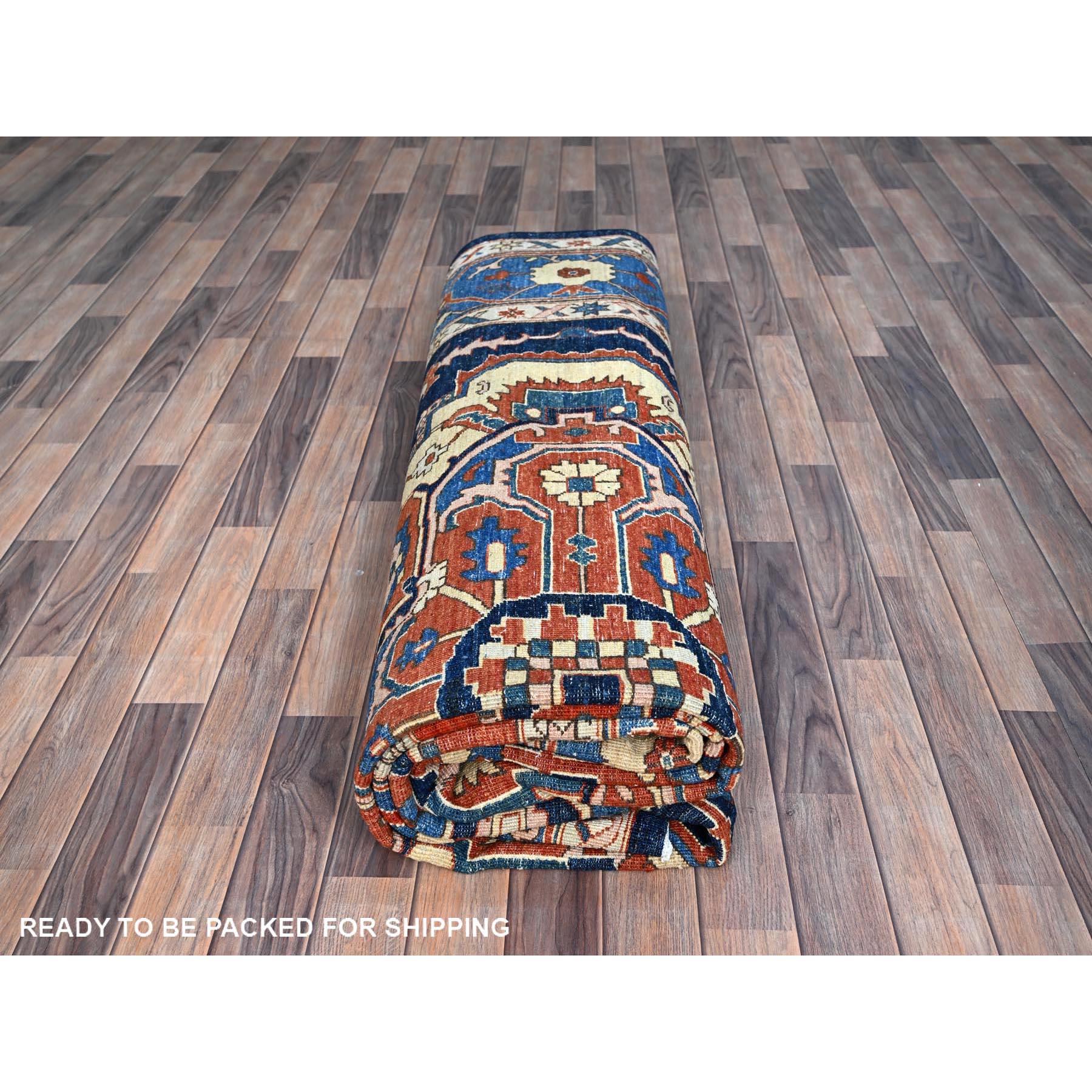 Yale Blue Hand Knotted Wool Afghan Peshawar Serapi Heriz Oriental Rug 9'2