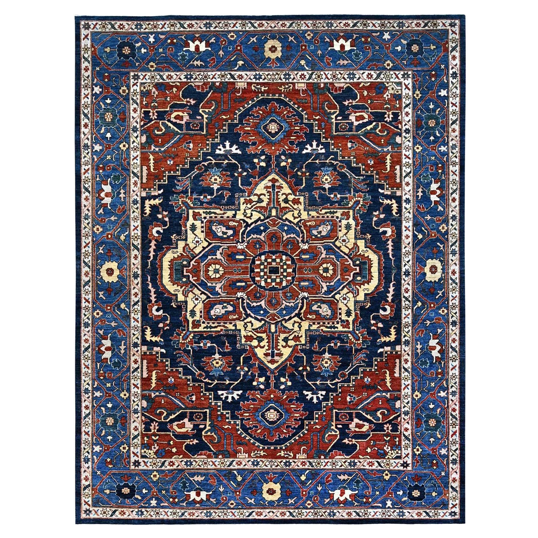 Yale Blue Hand Knotted Wool Afghan Peshawar Serapi Heriz Oriental Rug 9'2"x11'8" For Sale