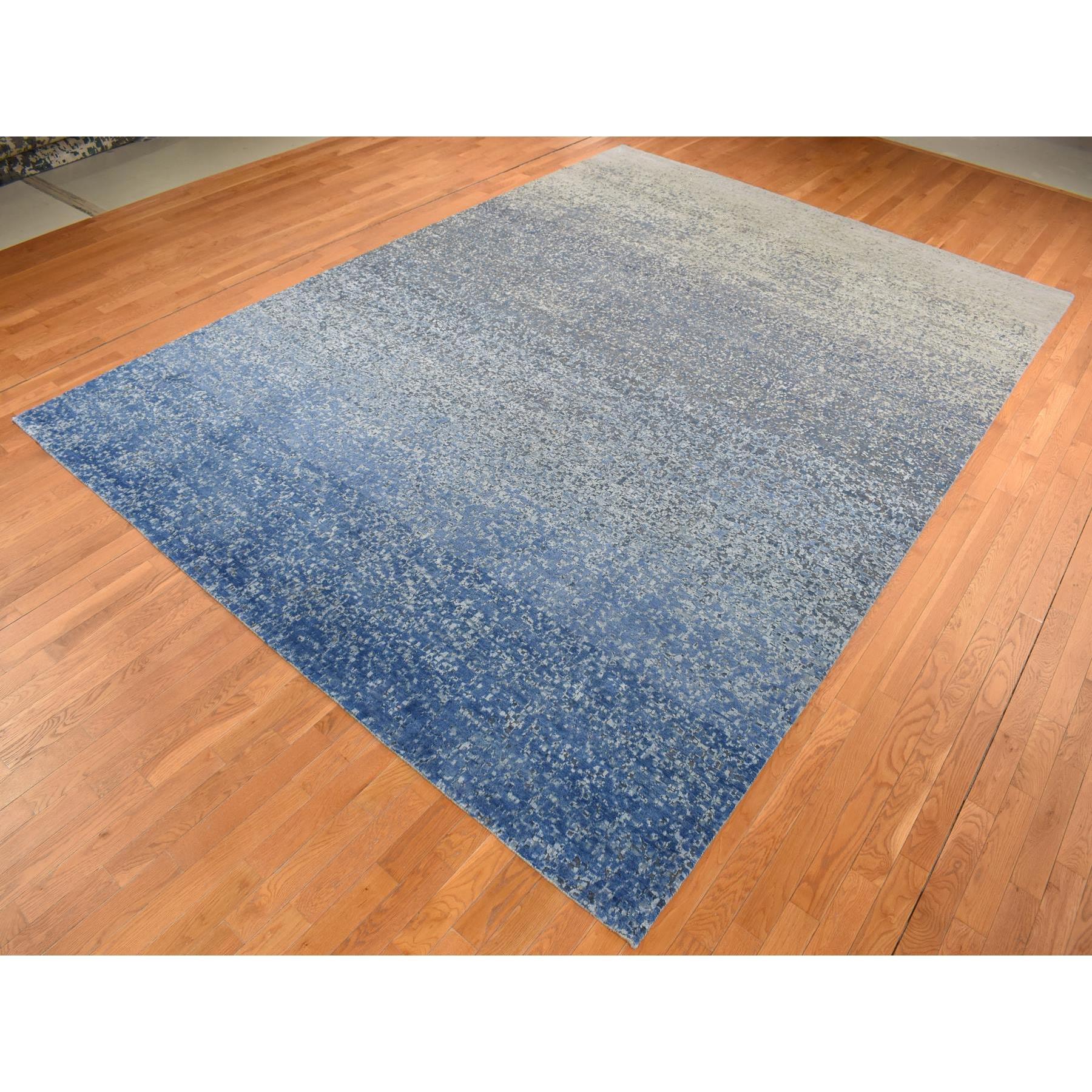 Moderno Tappeto Yale blu in lana e seta dal design moderno a gradazione, annodato a mano, 10'0