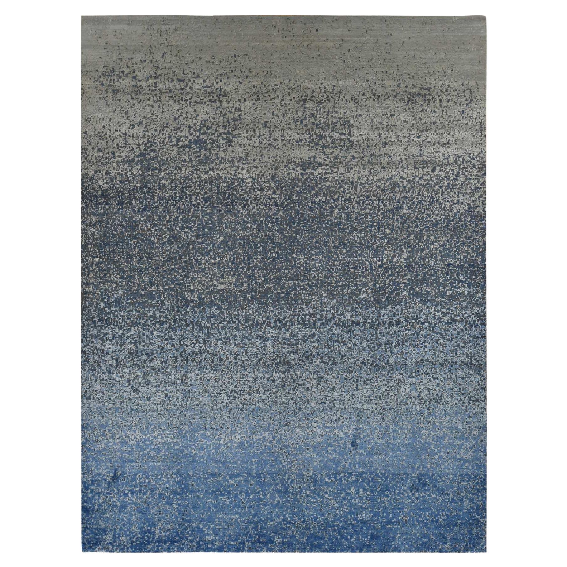Yale Blue Wool and Silk Modern Gradation Design Hand Knotted Rug 10'0" x 14'0"