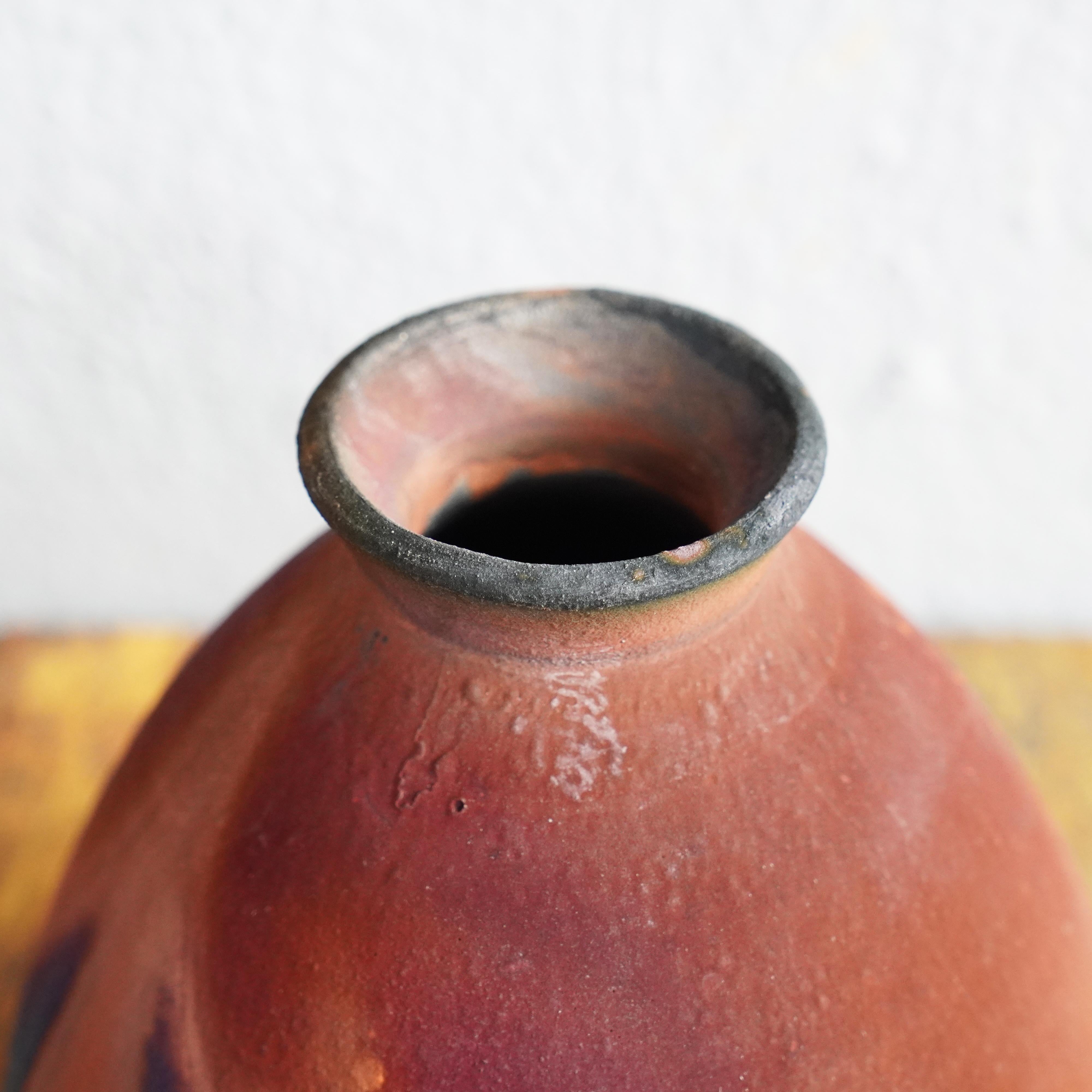 Modern Yama Raku Pottery Vase, Full Copper Matte, Handmade Ceramic Home Decor For Sale