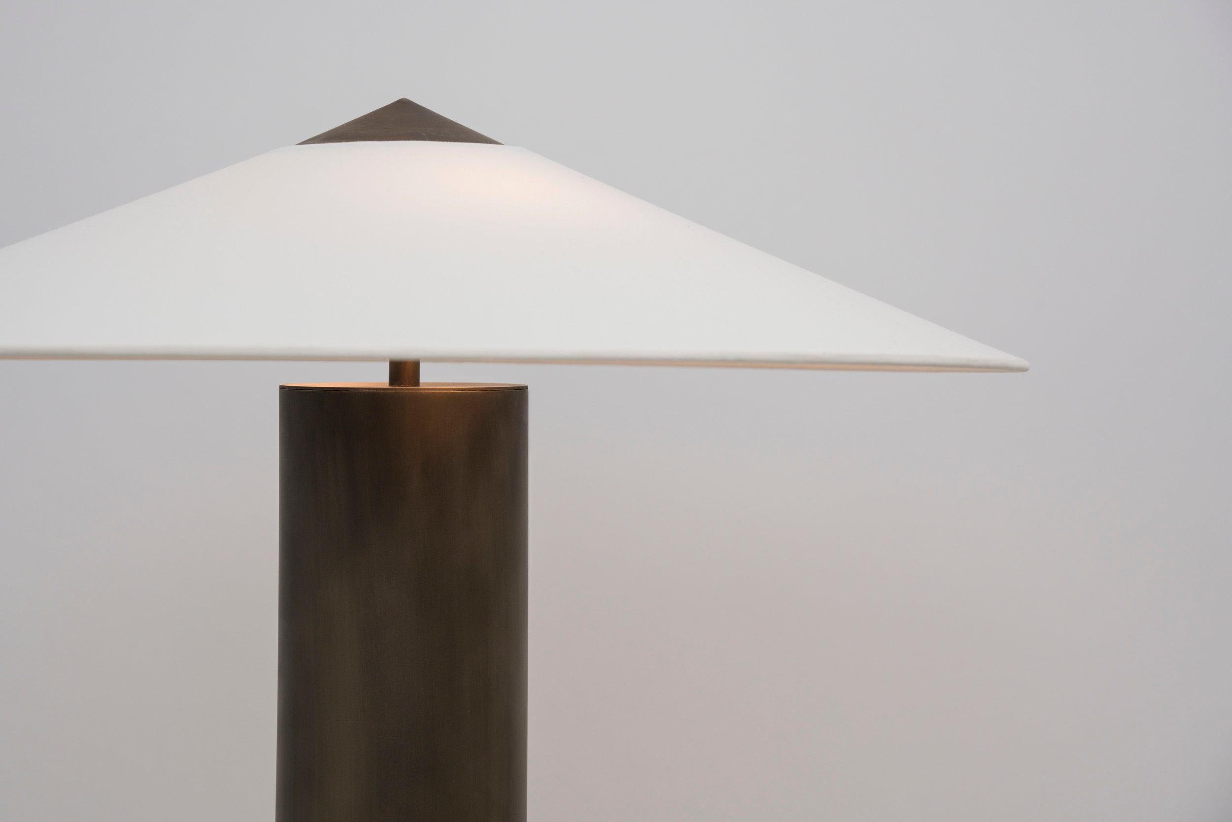 Modern Yama Table Lamp, Large in Brass with Aged Patina and Linen Shade