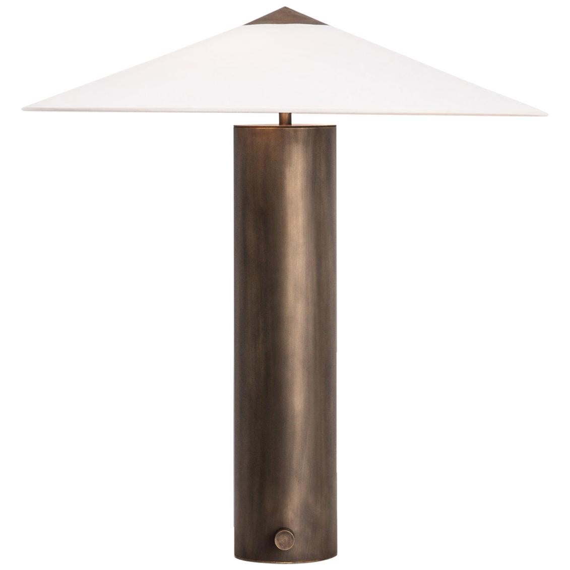 Yama Table Lamp, Large in Brass with Aged Patina and Linen Shade