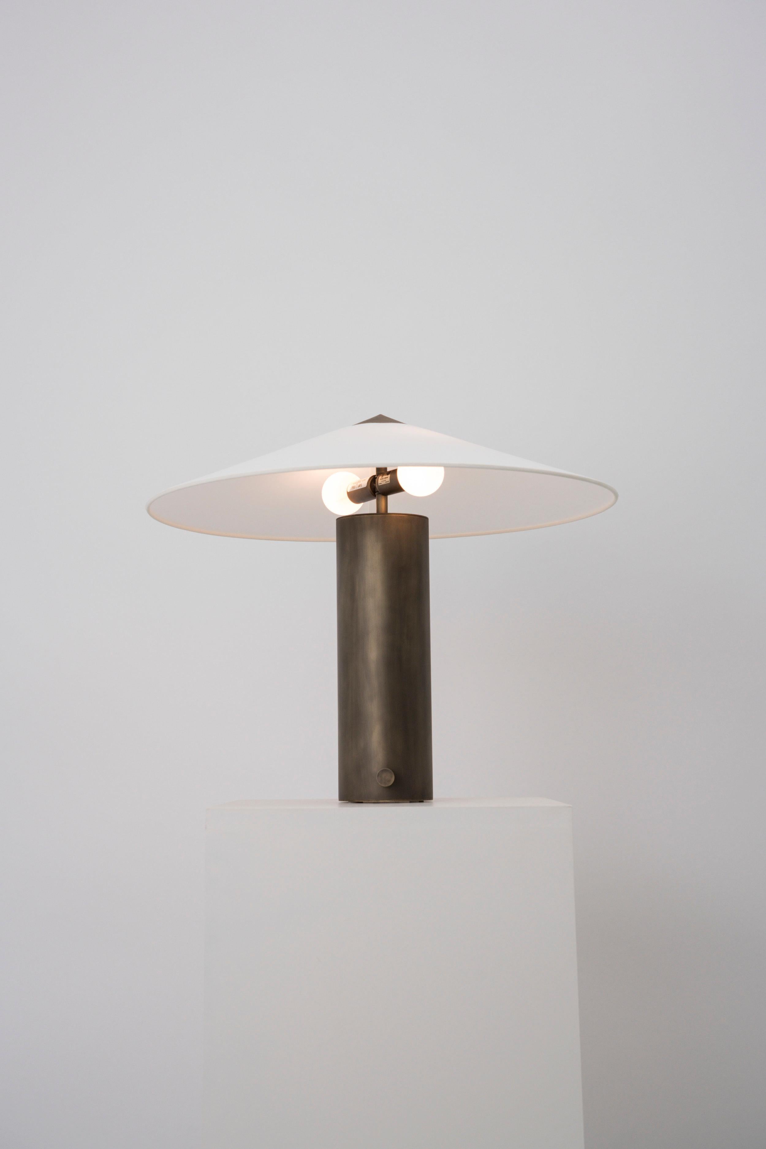 Patinated Yama Table Lamp, Small in Brass with Aged Patina and Linen Shade