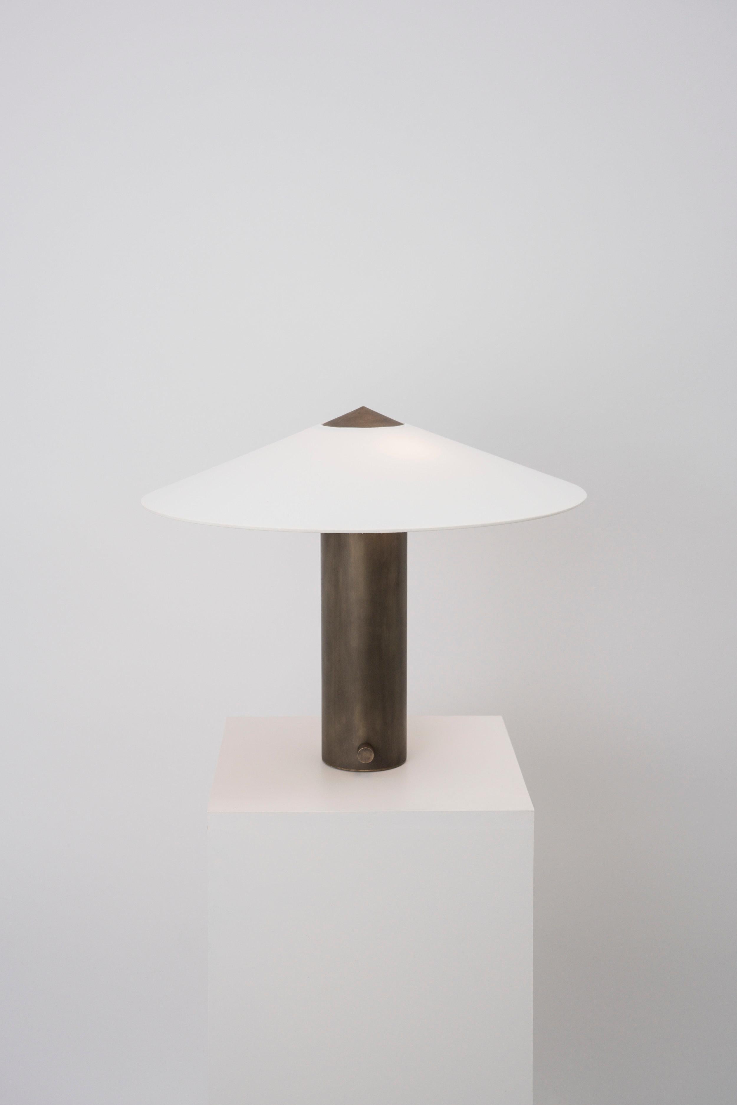 Yama Table Lamp, Small in Brass with Aged Patina and Linen Shade In New Condition In Brooklyn, NY