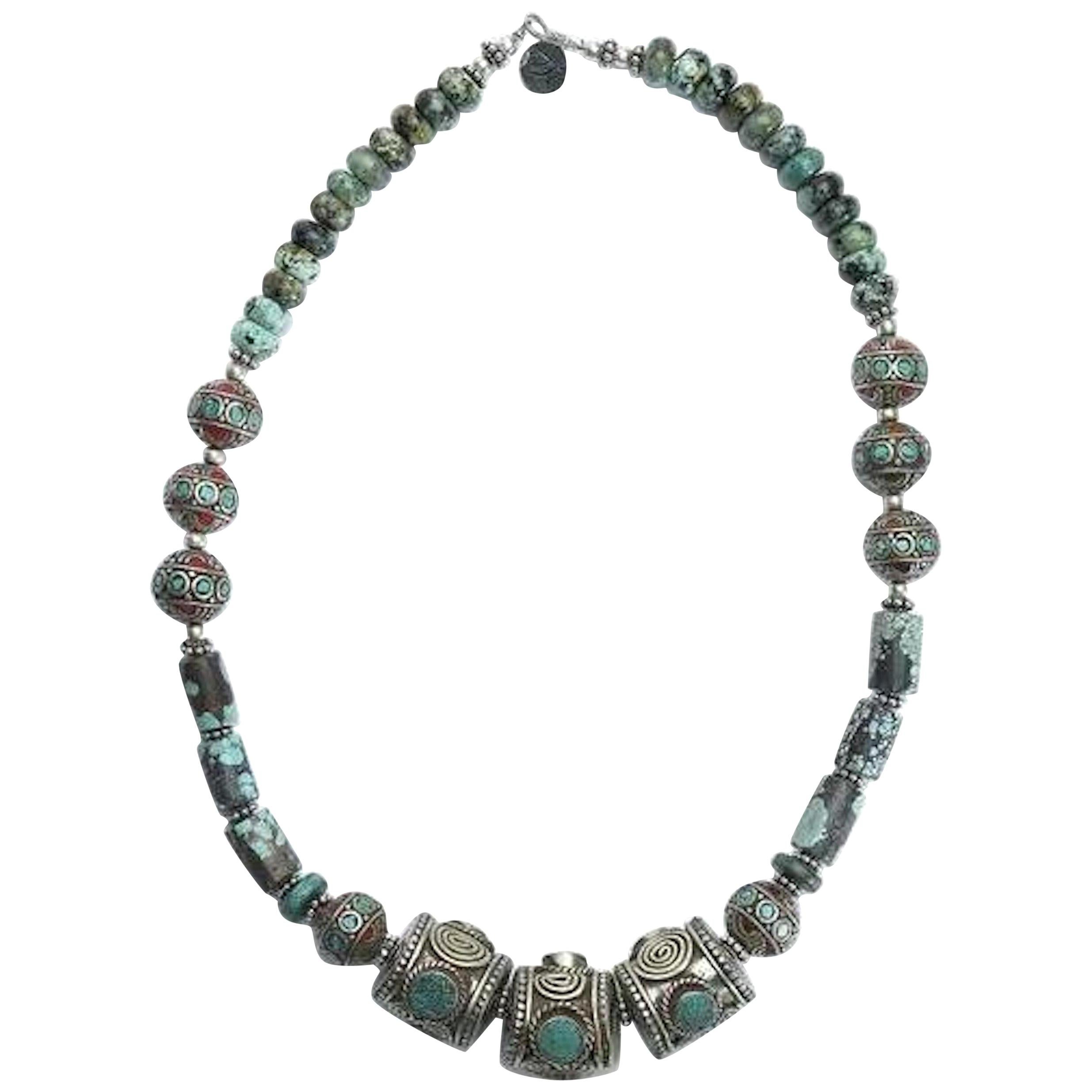 Yamanda Antique Turquoise Moroccan Silver Necklace For Sale