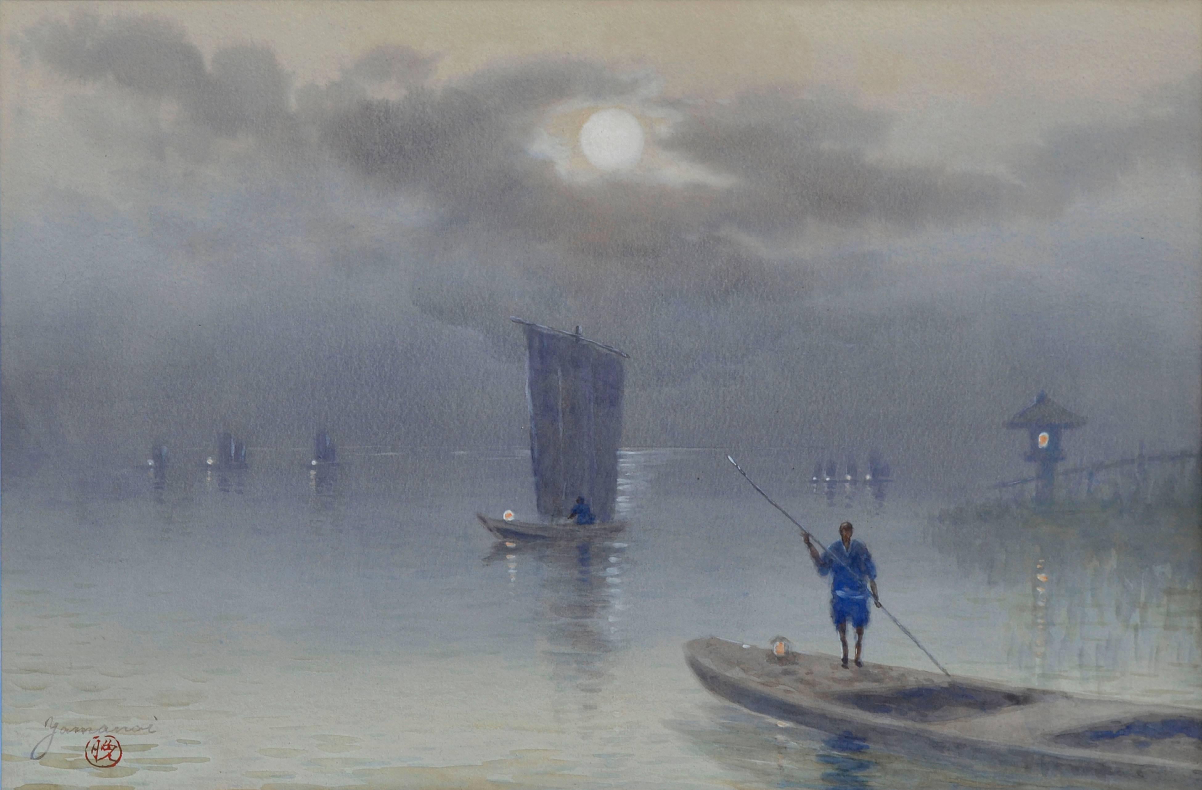 Fishing at Dawn - Early 20th Century Figurative Landscape Watercolor - Art by Yamanoi