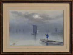 Fishing at Dawn - Early 20th Century Figurative Landscape Watercolor