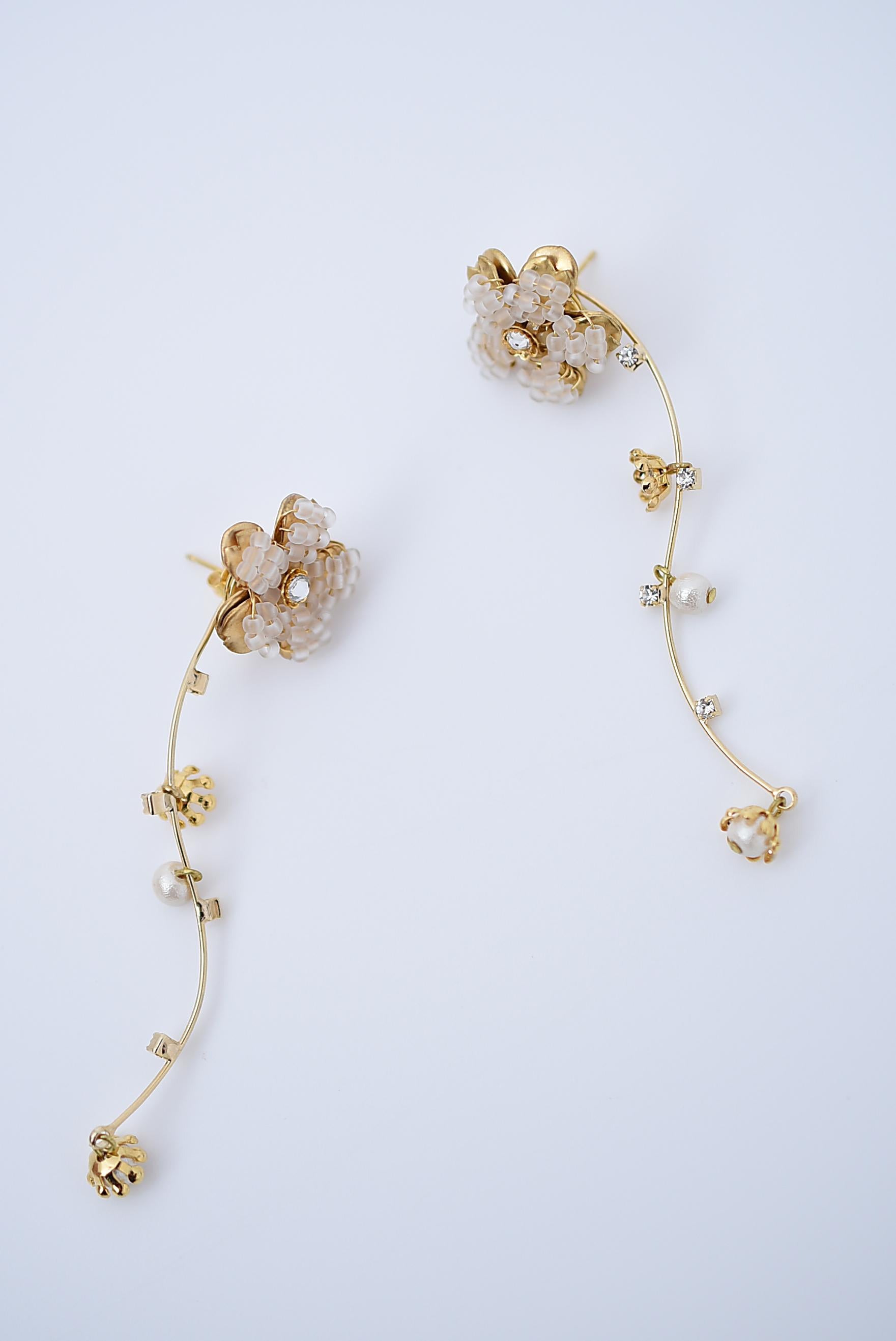 material:glass beads,glass beadsbrass,wood pearl,swarovski
size:length 6.2cm

You can use 2way style.
The line part shakes beautifully!
The small flowers and pearls attached to the line part also sway together.
When worn with just the cherry blossom