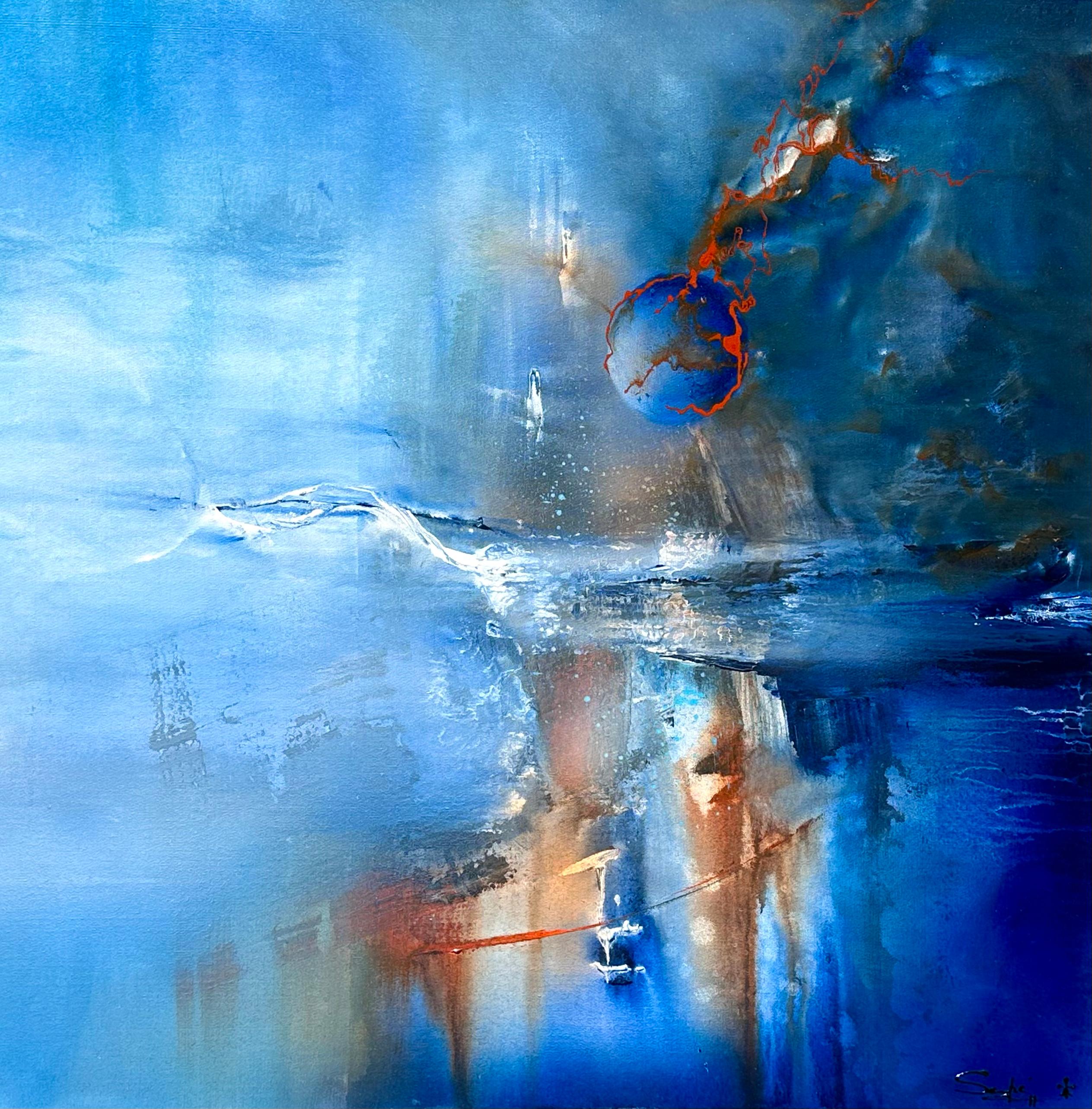 Blaue Intuition, Abstrakte Malerei – Mixed Media Art von Yamilet Sempe