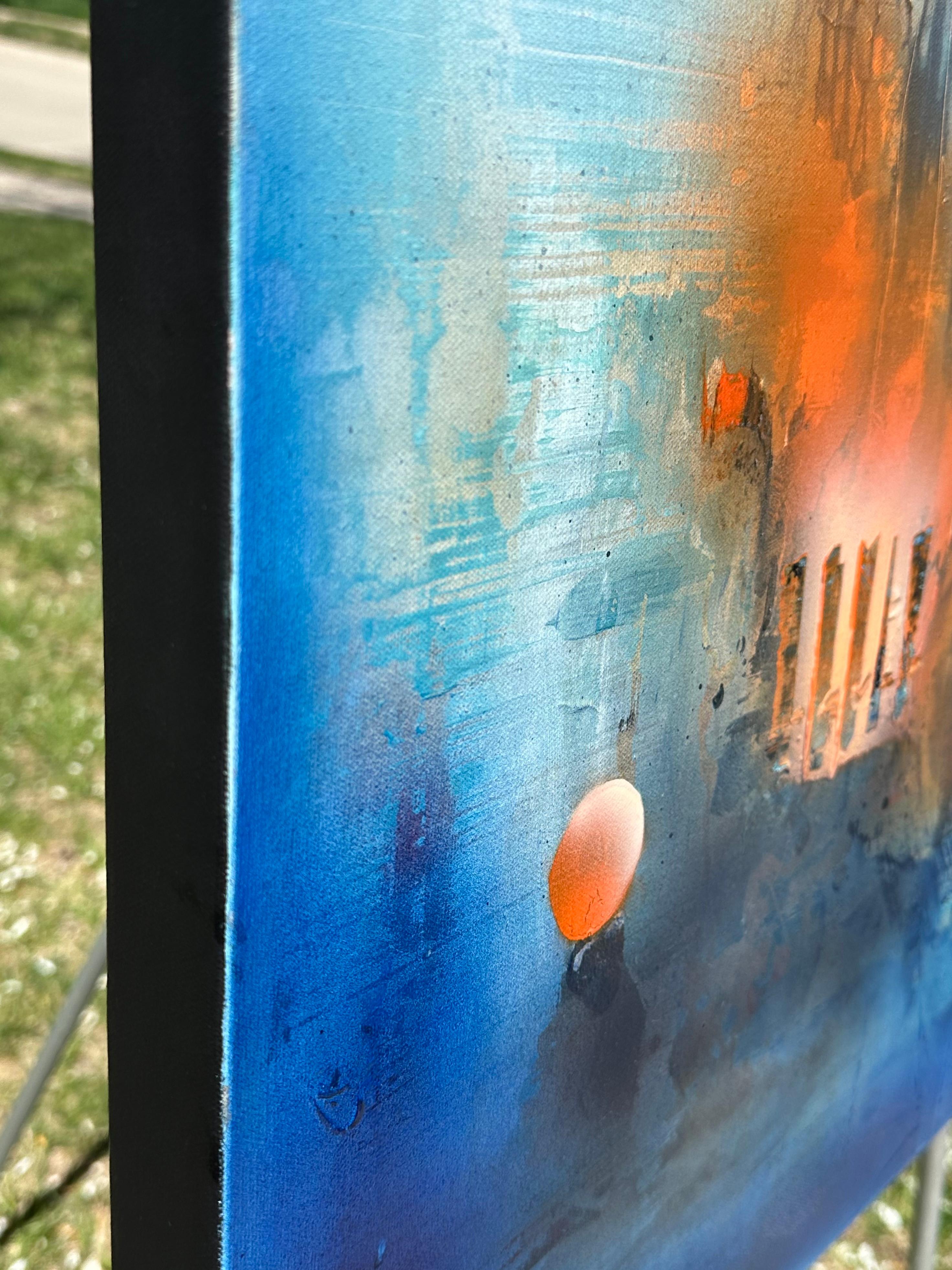 <p>Kommentare des Künstlers<br>Feuriges Orange und warmes Licht brechen vor einem kühlen blauen Hintergrund hervor. Dunkle, verzweigte Linien erstrecken sich wie verdrehte Bäume, während links eine sanfte Lichtkugel schwebt. Die Künstlerin Yamilet