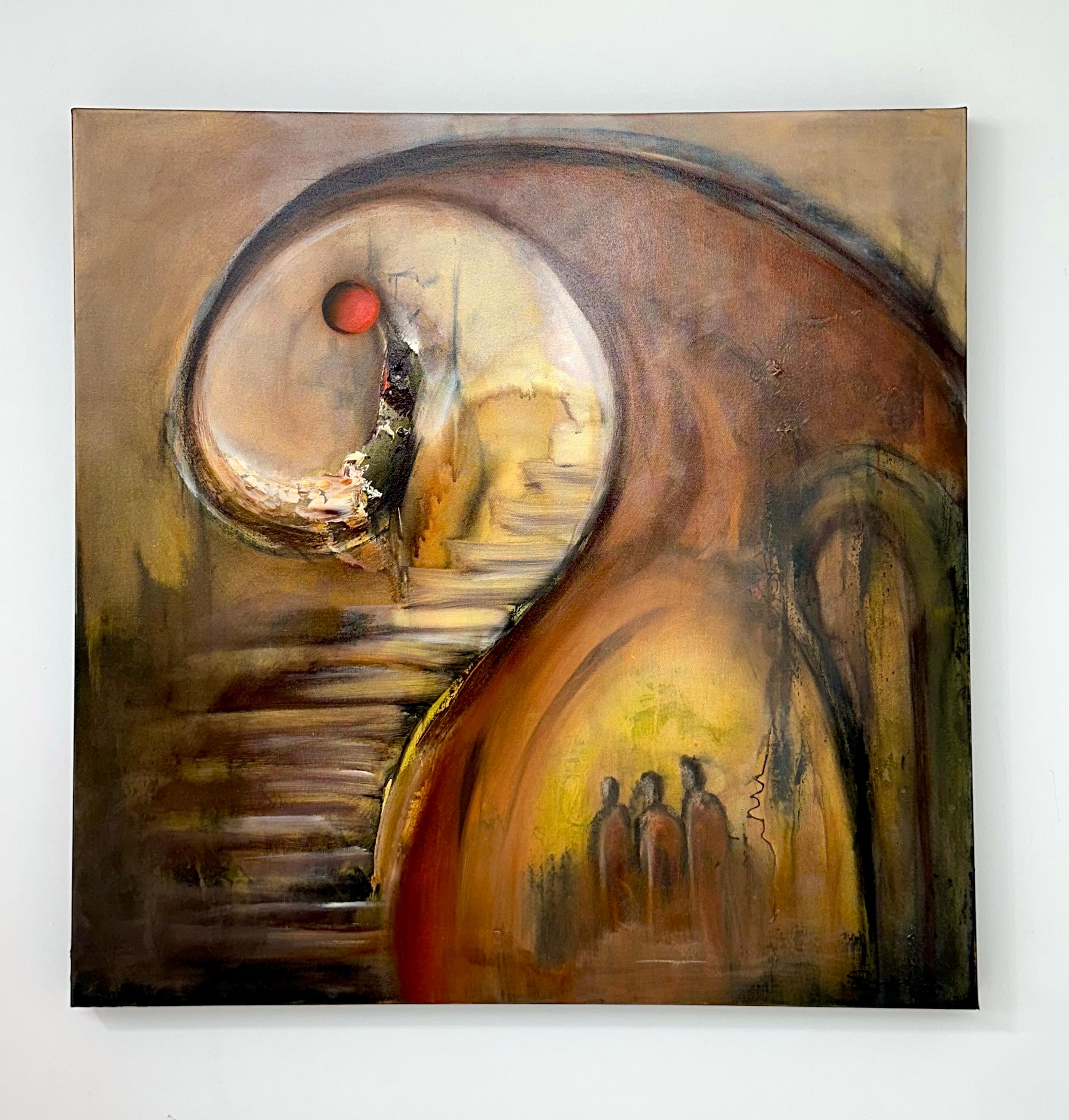 <p>Artist Comments<br>Three figures gather beneath a spiral structure with an orb floating on its peak. A staircase curves through the center of the composition, contrasting with the flowy, organic shapes surrounding it. Artist Yamilet Sempe drew