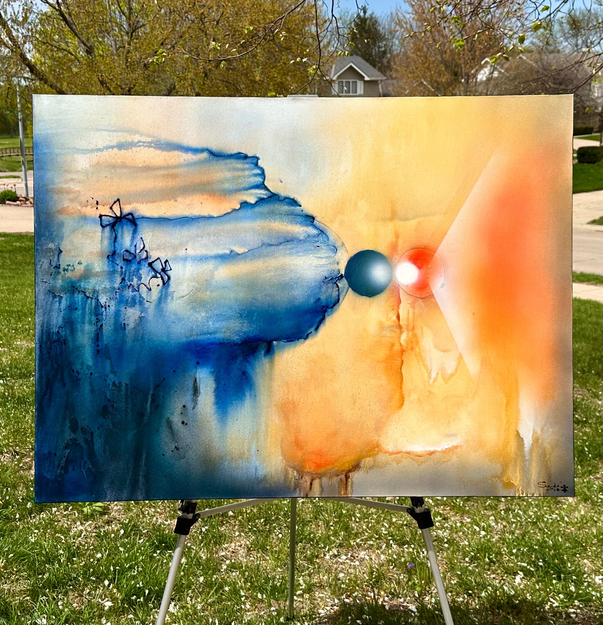 <p>Comentarios del artista<br>Dos orbes resplandecientes chocan en un estallido de luz, tendiendo un puente cósmico entre azules profundos y naranjas radiantes. El contraste de colores vibrantes crea una sensación etérea. Este cuadro abstracto