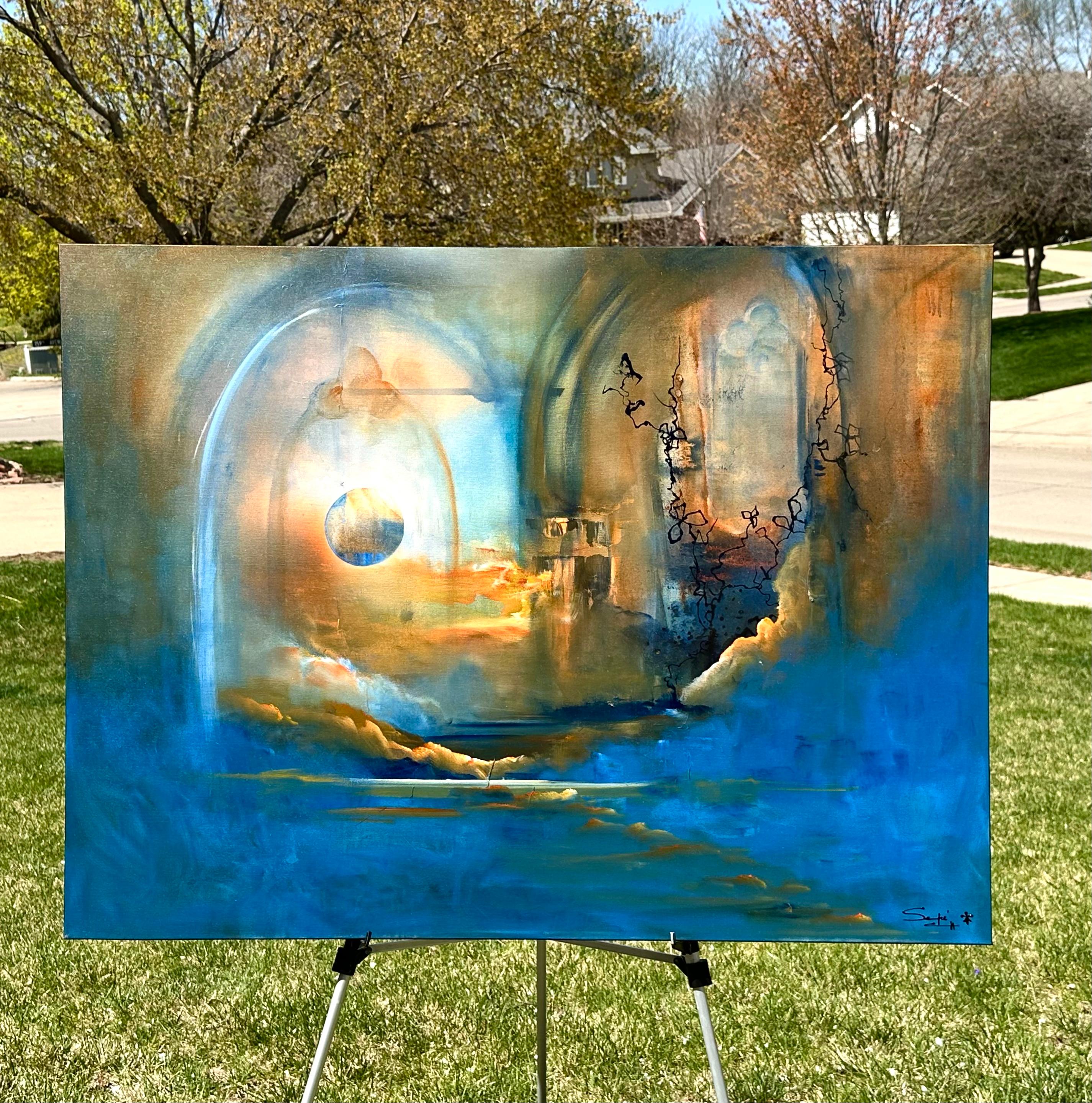<p>Commentaires de l'artiste<br>La lumière filtre à travers les nuages, reflétant l'or et l'orange. Un portail s'ouvre sur un monde bleu, symbolisant l'intuition, la méditation et la paix intérieure. Des détails architecturaux discrets et des vignes