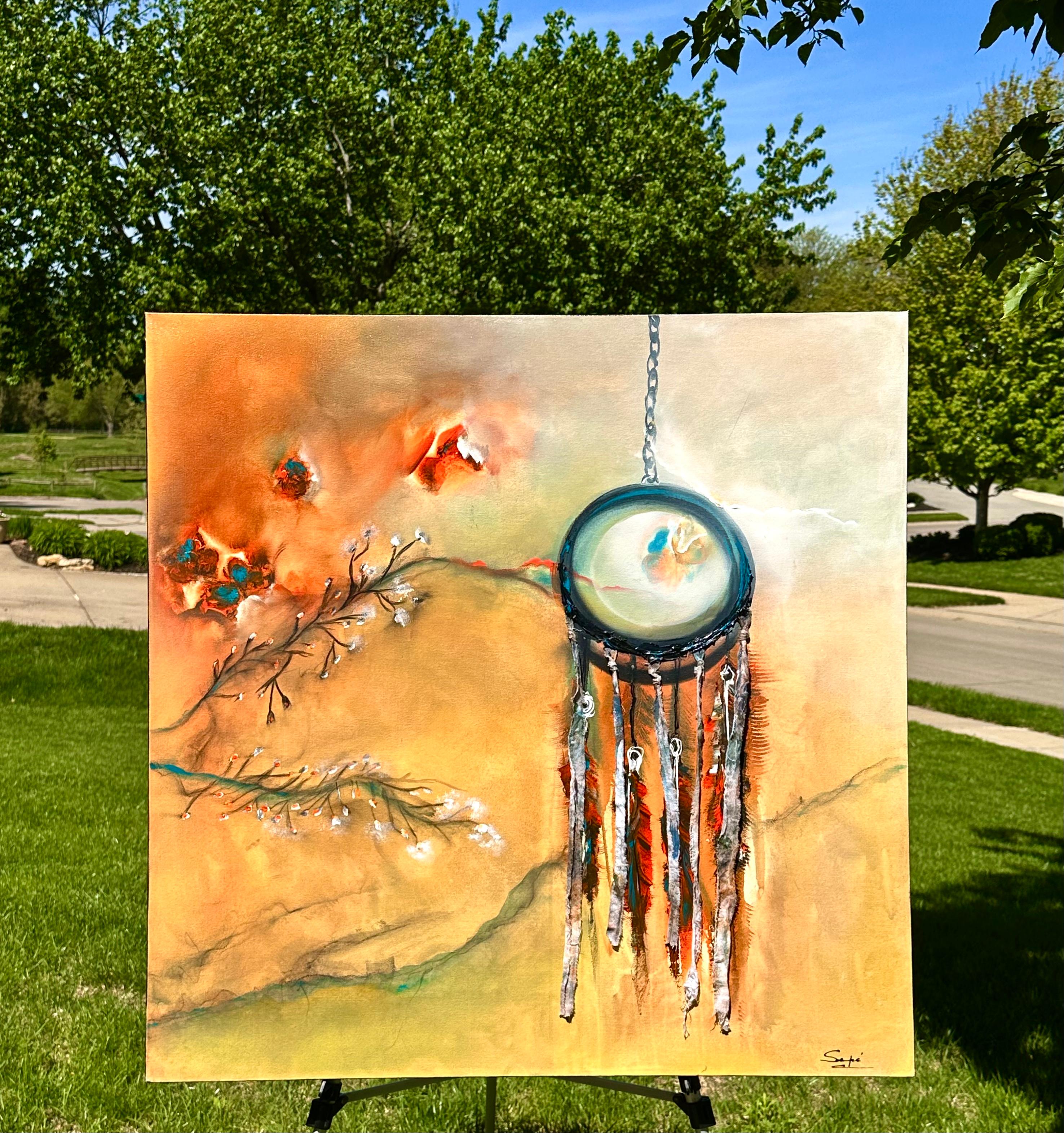 <p>Artist Comments<br>A dreamcatcher and two branches with delicate white flowers appear suspended against an orange sky. Artist Yamilet Sempe depicts her creative process in this piece, where insomnia and dreaming while awake shape her paintings.