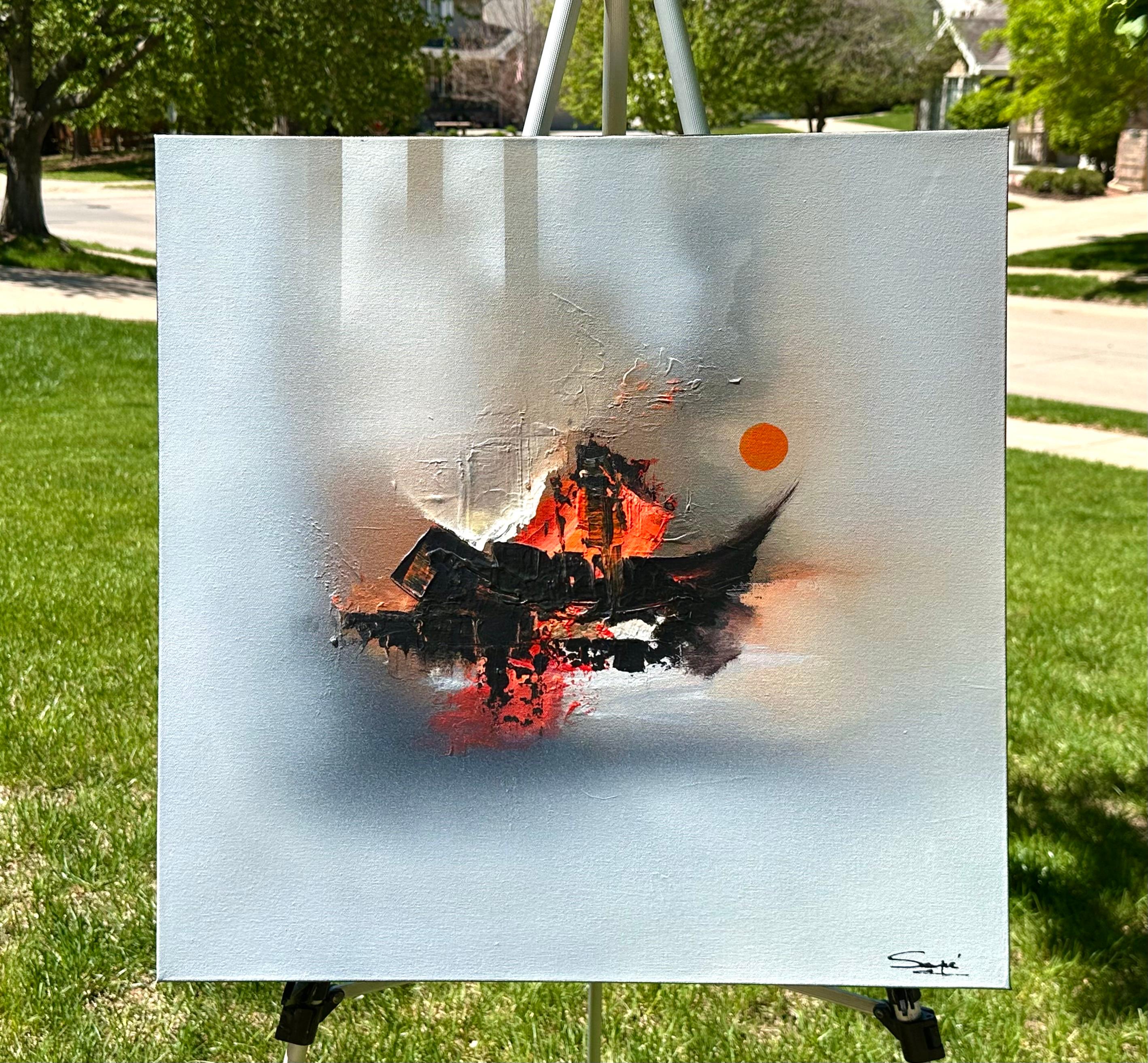 <p>Commentaires de l'artiste<br>Des couleurs rouge et orange flamboyantes jaillissent d'une structure sombre. Le soleil plane sur la droite, jetant une lueur chaude sur la scène. L'artiste Yamilet Sempe représente dans cette œuvre l'une des