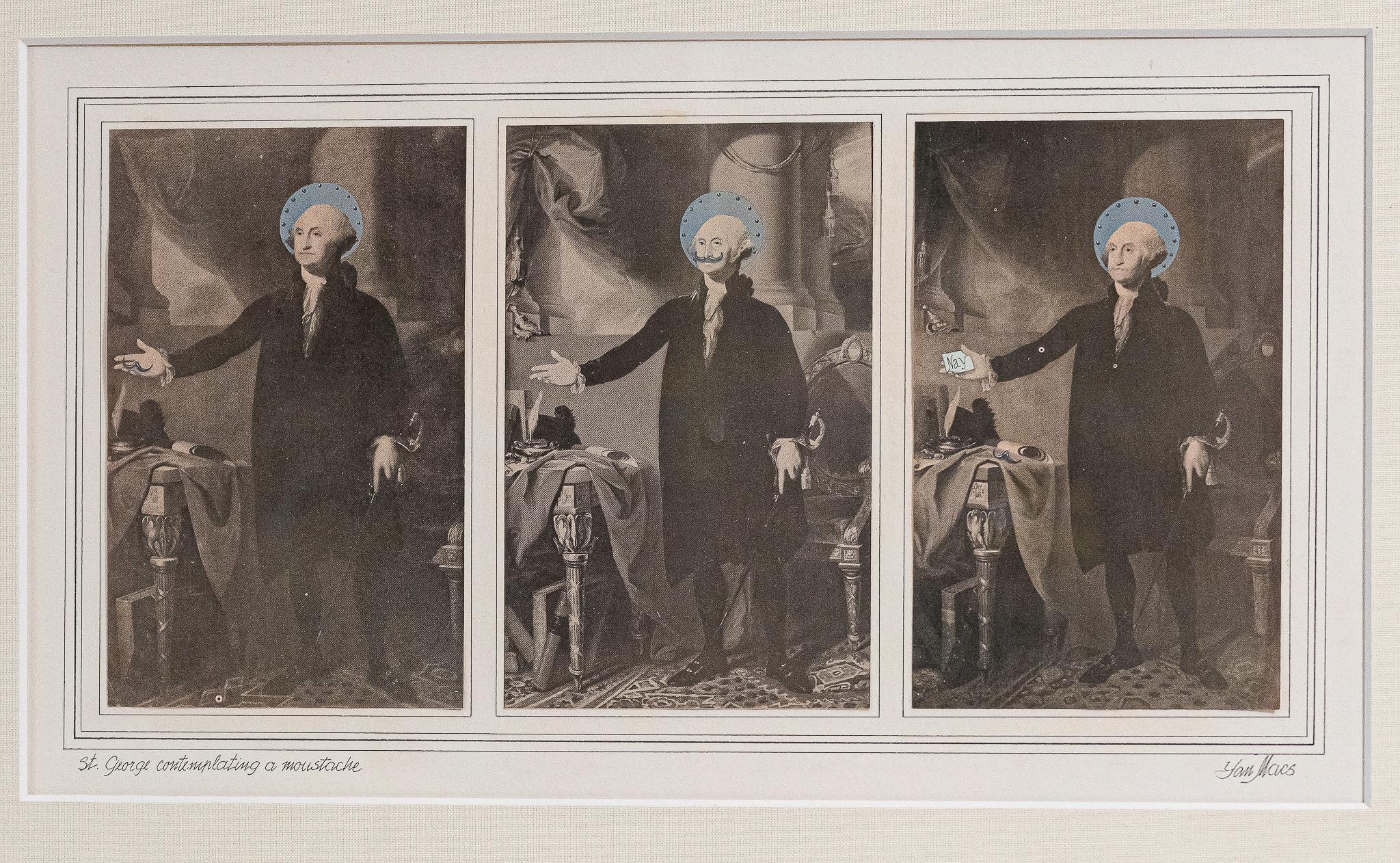 Yan Macs Figurative Print - "Saint George Contemplating Mustache" Comical Collage USA President Washington