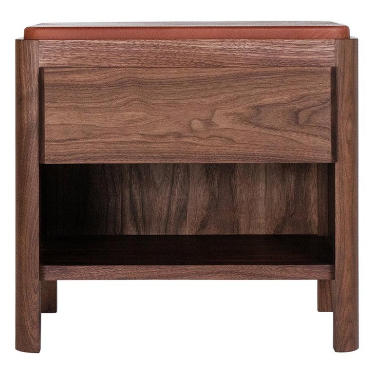 Yan Nightstand in Solid Wood and Cognac Leather by Bowen Liu For Sale