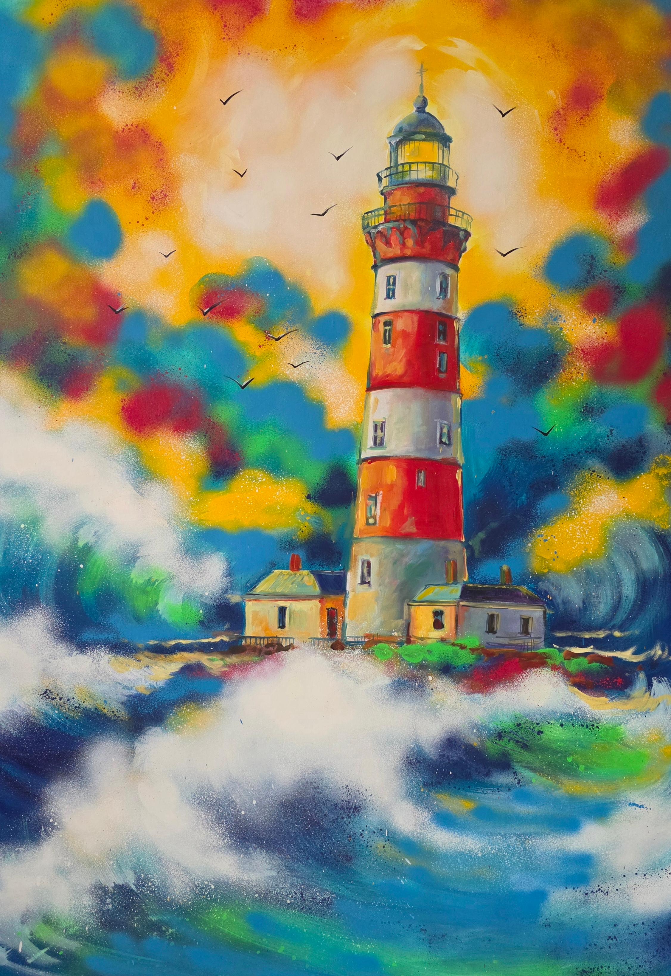 Yana Reznik Landscape Painting - Beacon Within the Storm
