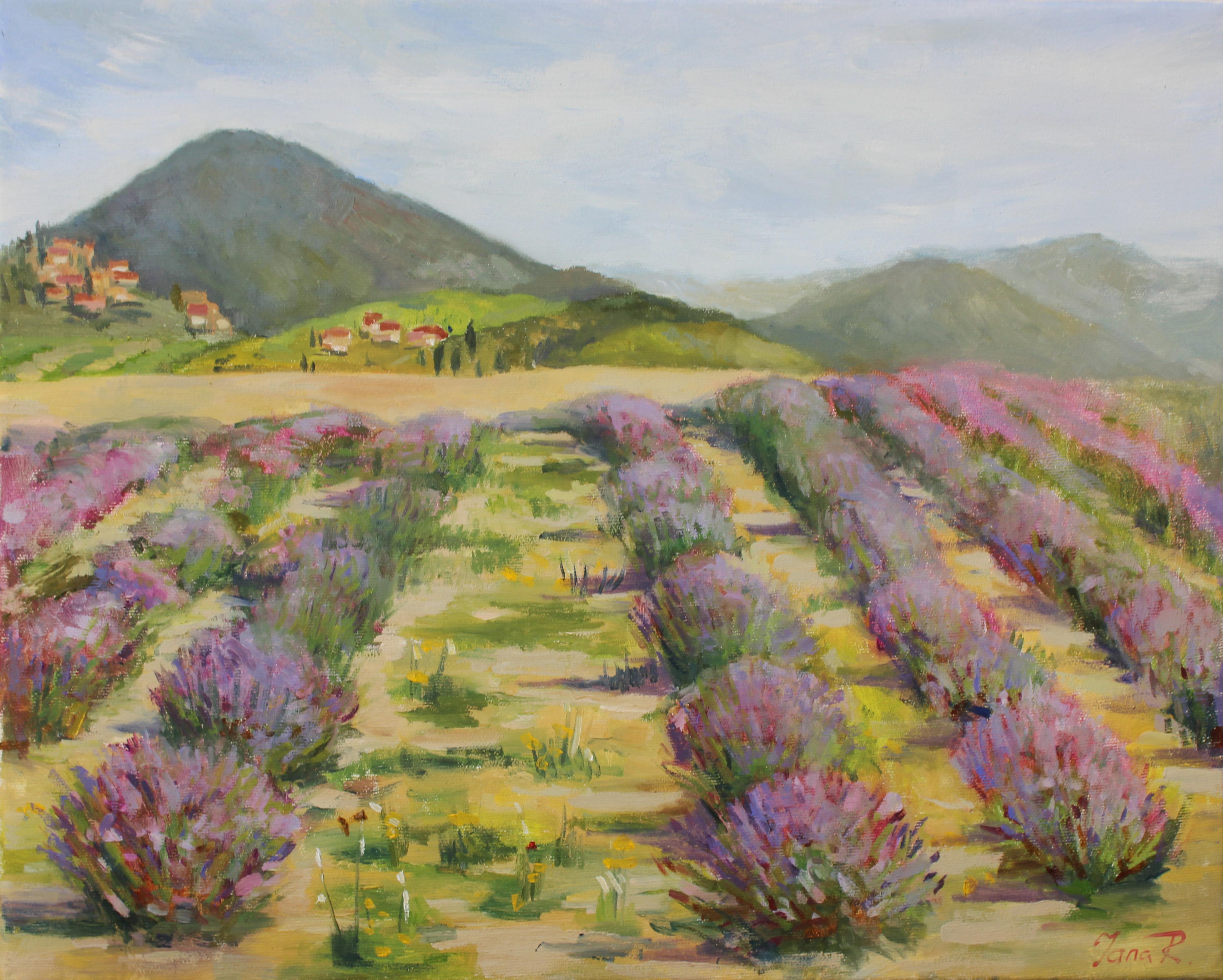 Lavendelfeld. Ölgemälde – Painting von Yana Ros