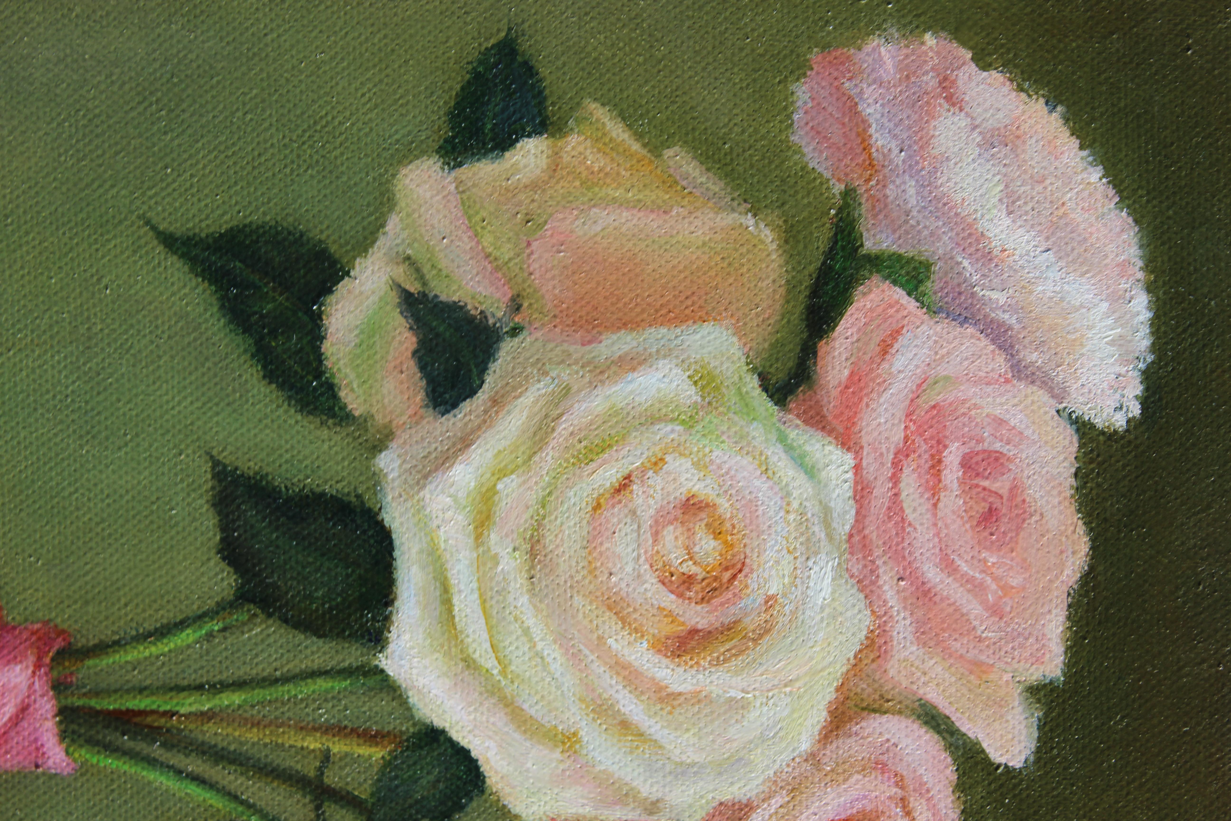 Al crear este óleo, intenté captar la delicada tranquilidad y la suave belleza de las rosas en flor. Cada pétalo está amorosamente representado con detalle realista, reflejando la fugaz belleza de la vida. La transparencia del jarrón de cristal