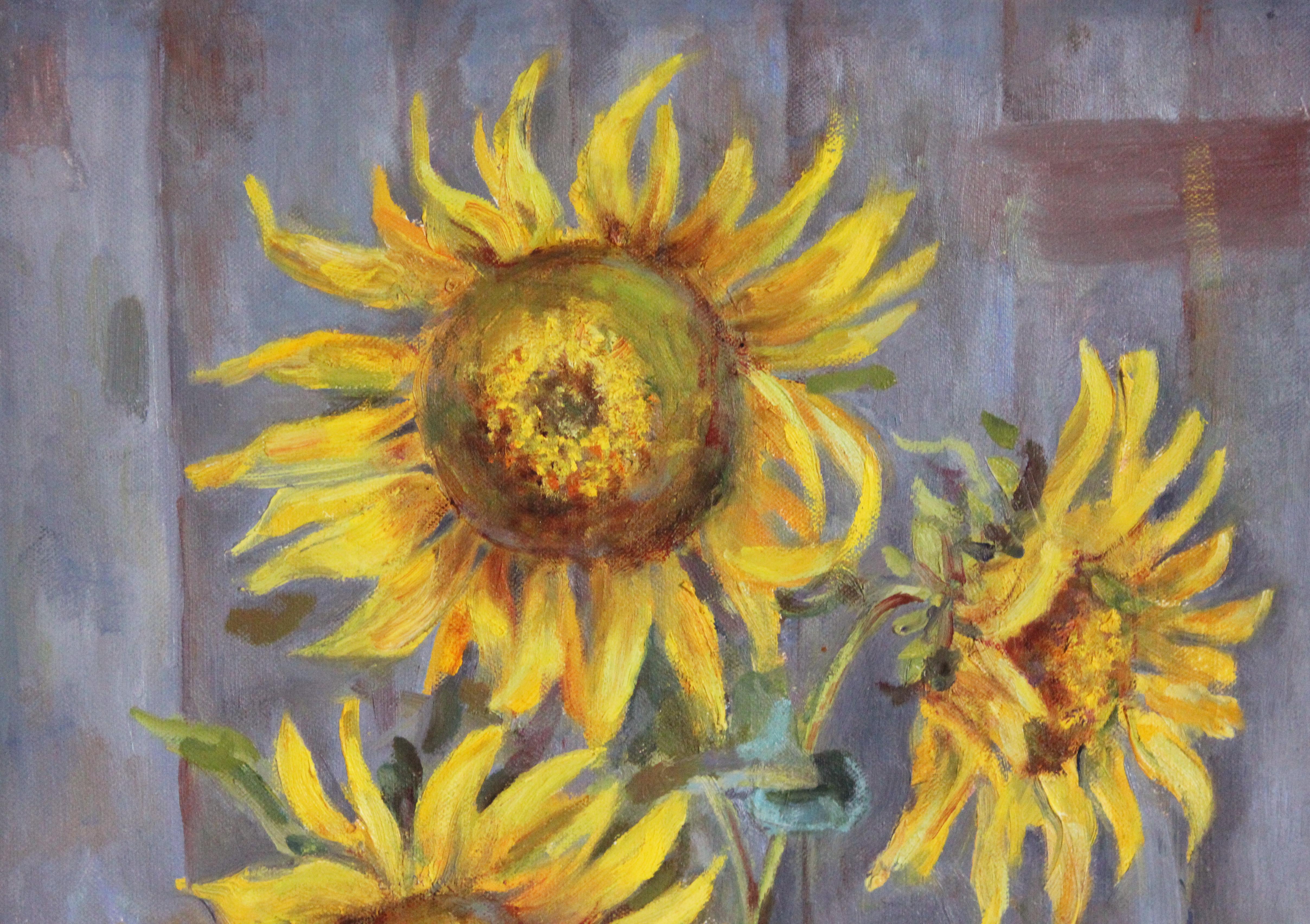 Sunflowers. Oil painting - Gray Still-Life Painting by Yana Ros