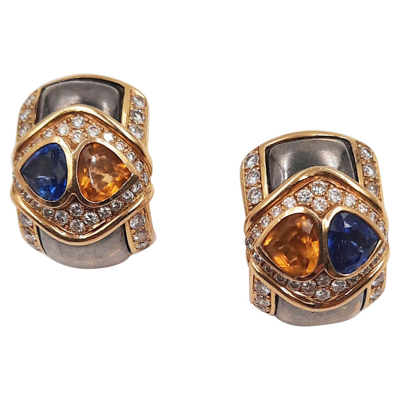 Yanes Sapphire Diamond 18 Carats White Yellow Gold Earrings For Sale