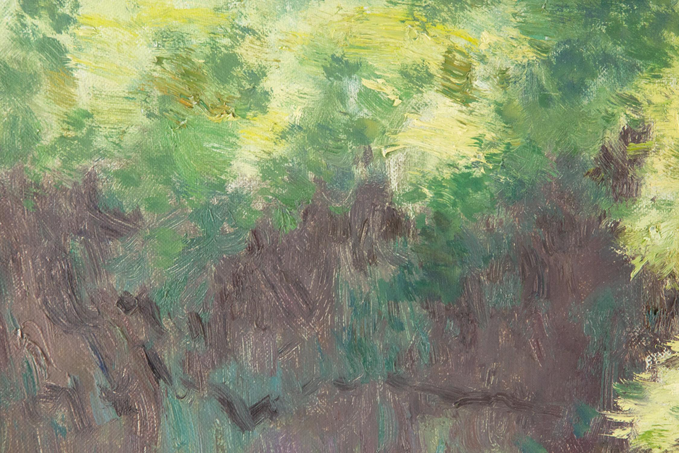 Peinture à l'huile impressionniste originale Yang JinTie « River bordée de arbres » en vente 1