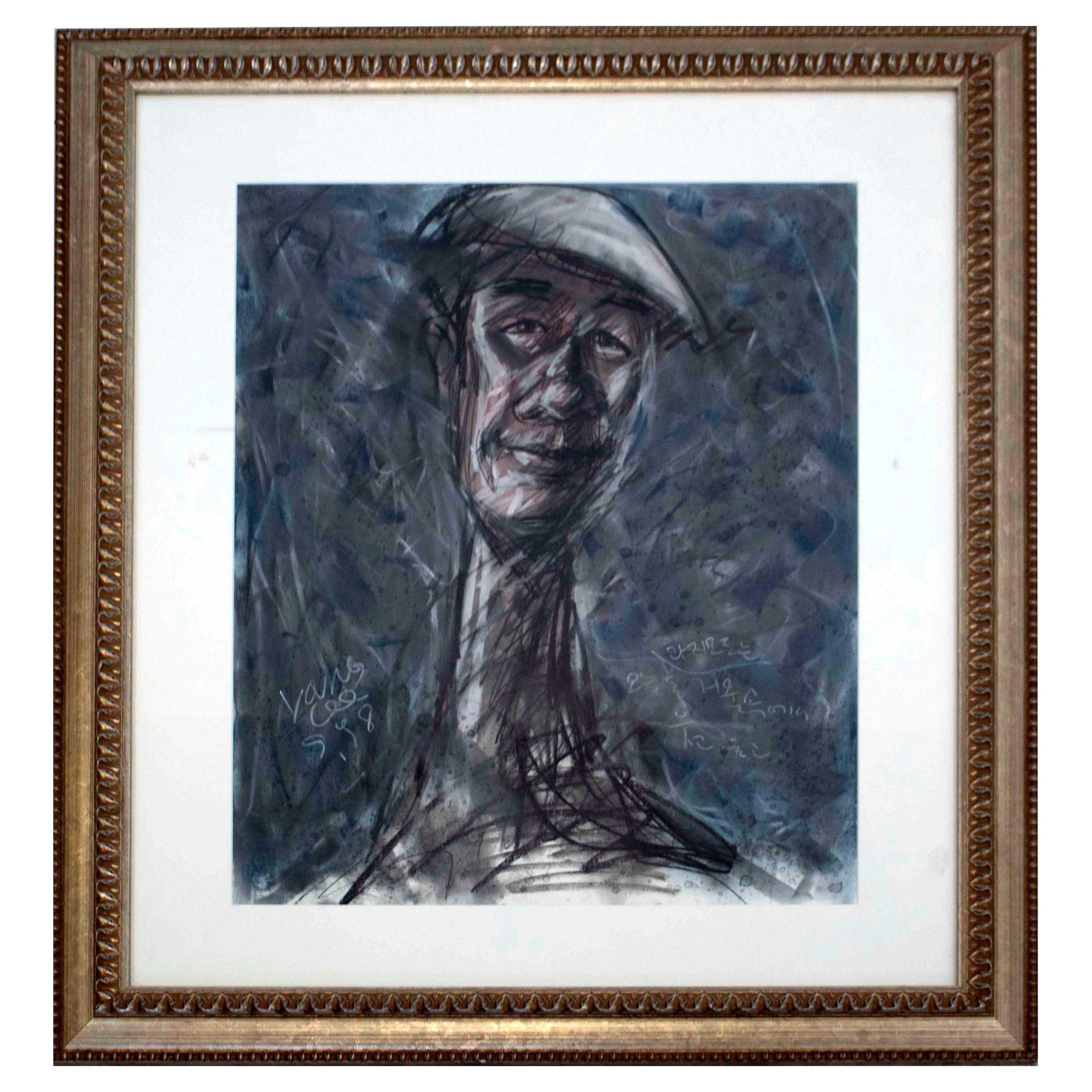 Yang Lee Portrait of Man Signed Pastel on Paper Framed For Sale