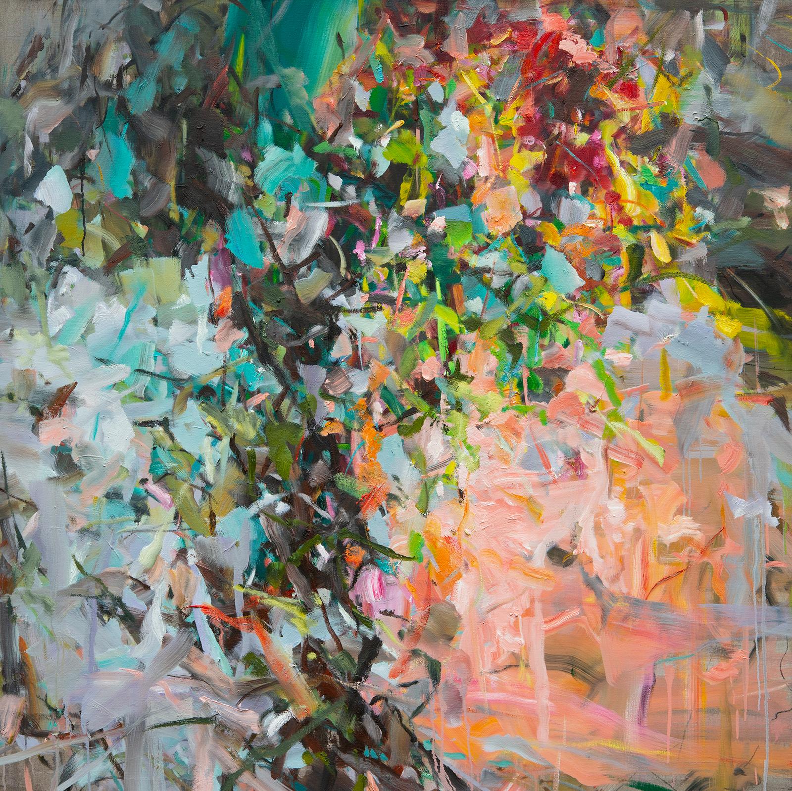 'A Tree' 2020 by Chinese/Canadian artist Yangyang Pan. Oil on linen, 60 x 60 in. This beautiful abstract-impressionistic garden landscape painting incorporates large gestural brush strokes in rich colors of white, green, pink, green, yellow, blue,