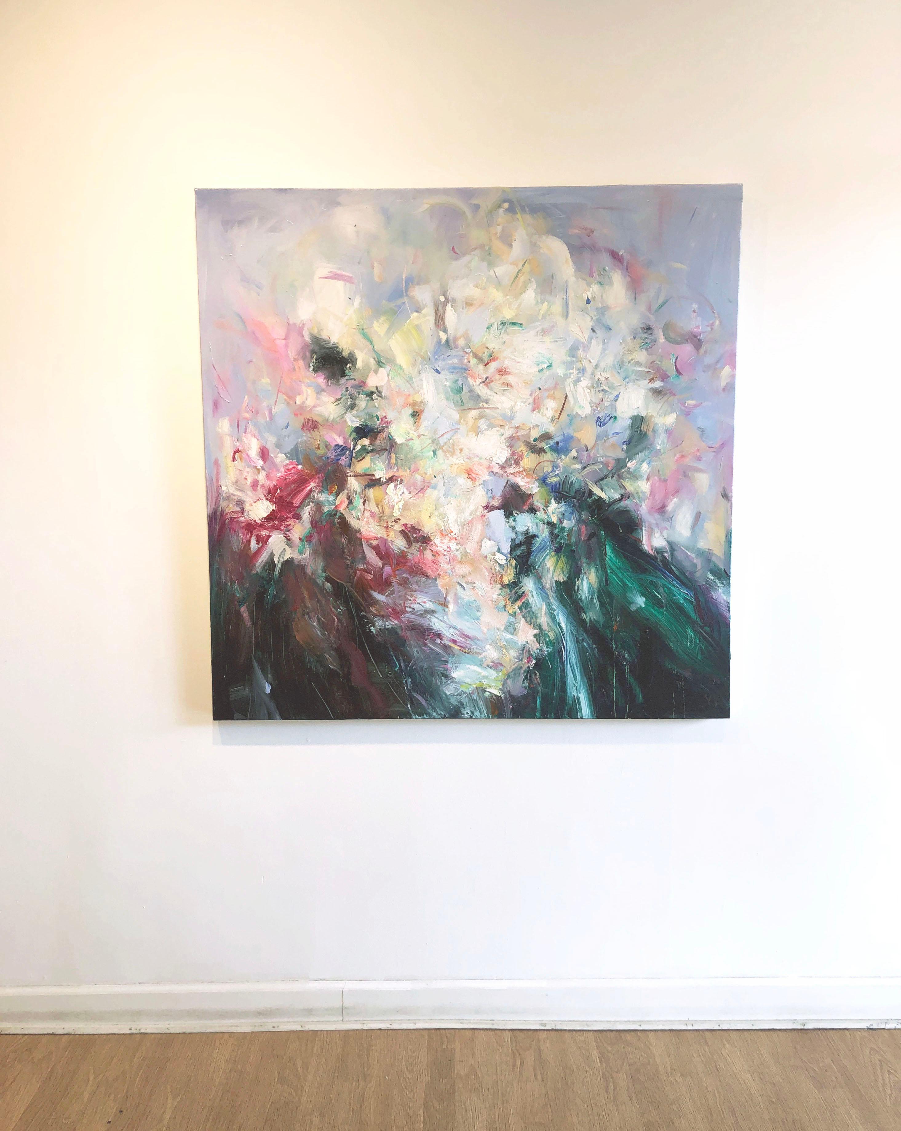 'Abstract Portrait' 2018 by Chinese/Canadian artist Yangyang Pan. Oil on canvas, 48 x 48 in. This beautiful abstract-impressionistic garden landscape painting incorporates large gestural brush strokes in rich colors of varying blues, white, green,