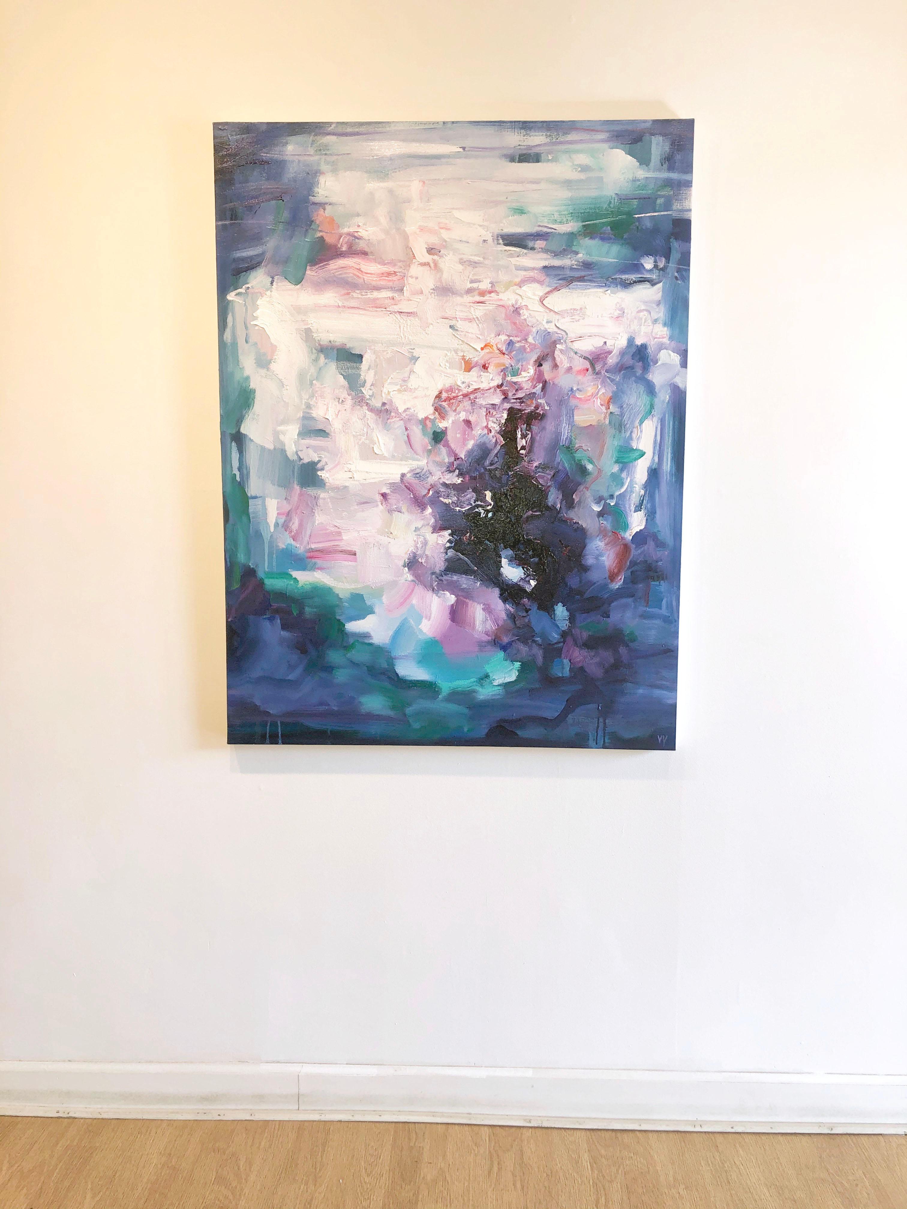 'Echoes' 2019 by Chinese/Canadian artist Yangyang Pan. Oil on canvas, 48 x 36 in. This beautiful abstract-impressionistic garden landscape painting incorporates large gestural brush strokes in rich colors of varying blues, white, purple, orange,